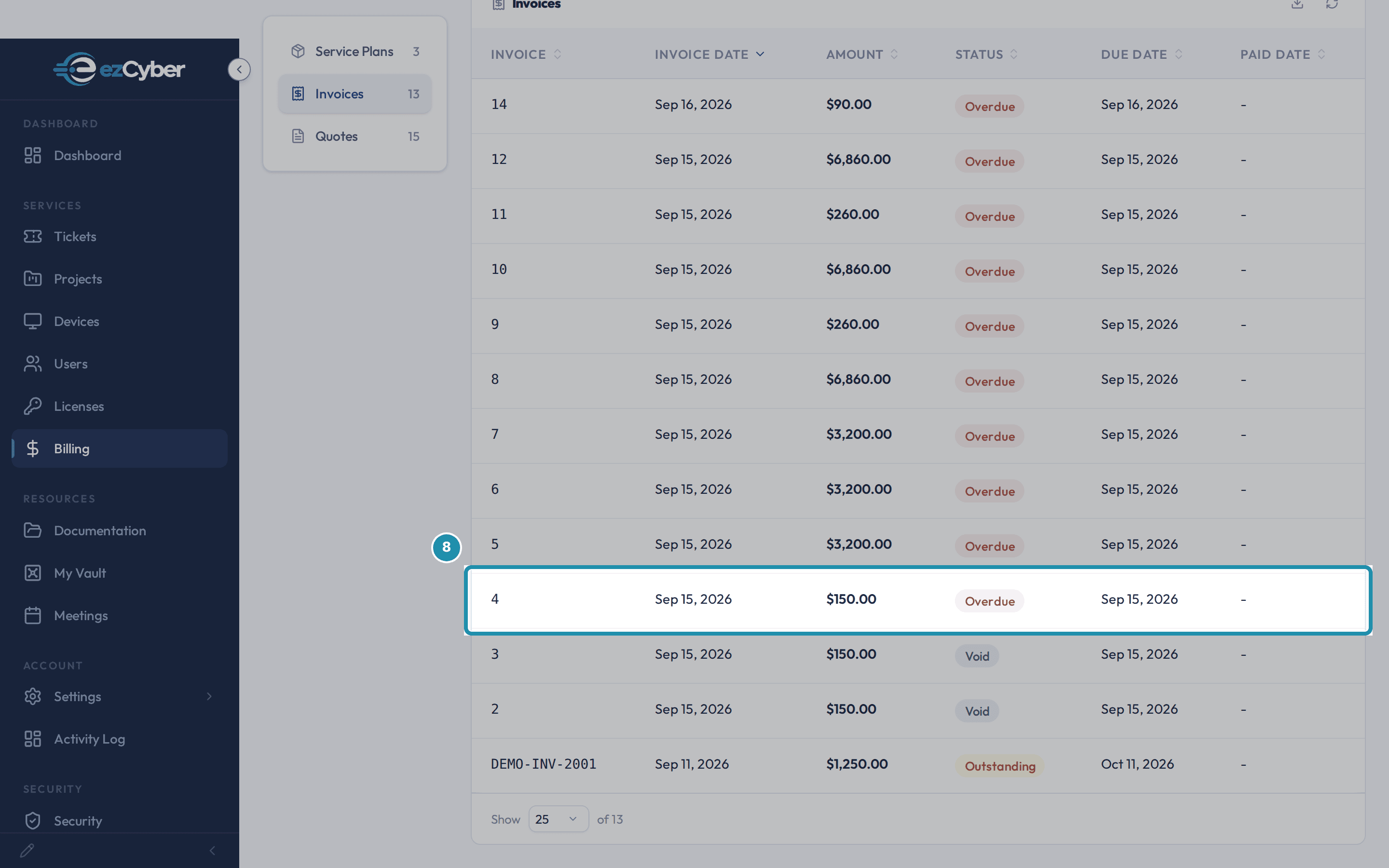The client portal's Billing > Invoices list, viewed as Bluebird Dental, showing invoice 4 at $150.00 marked Overdue among the account's other invoices.