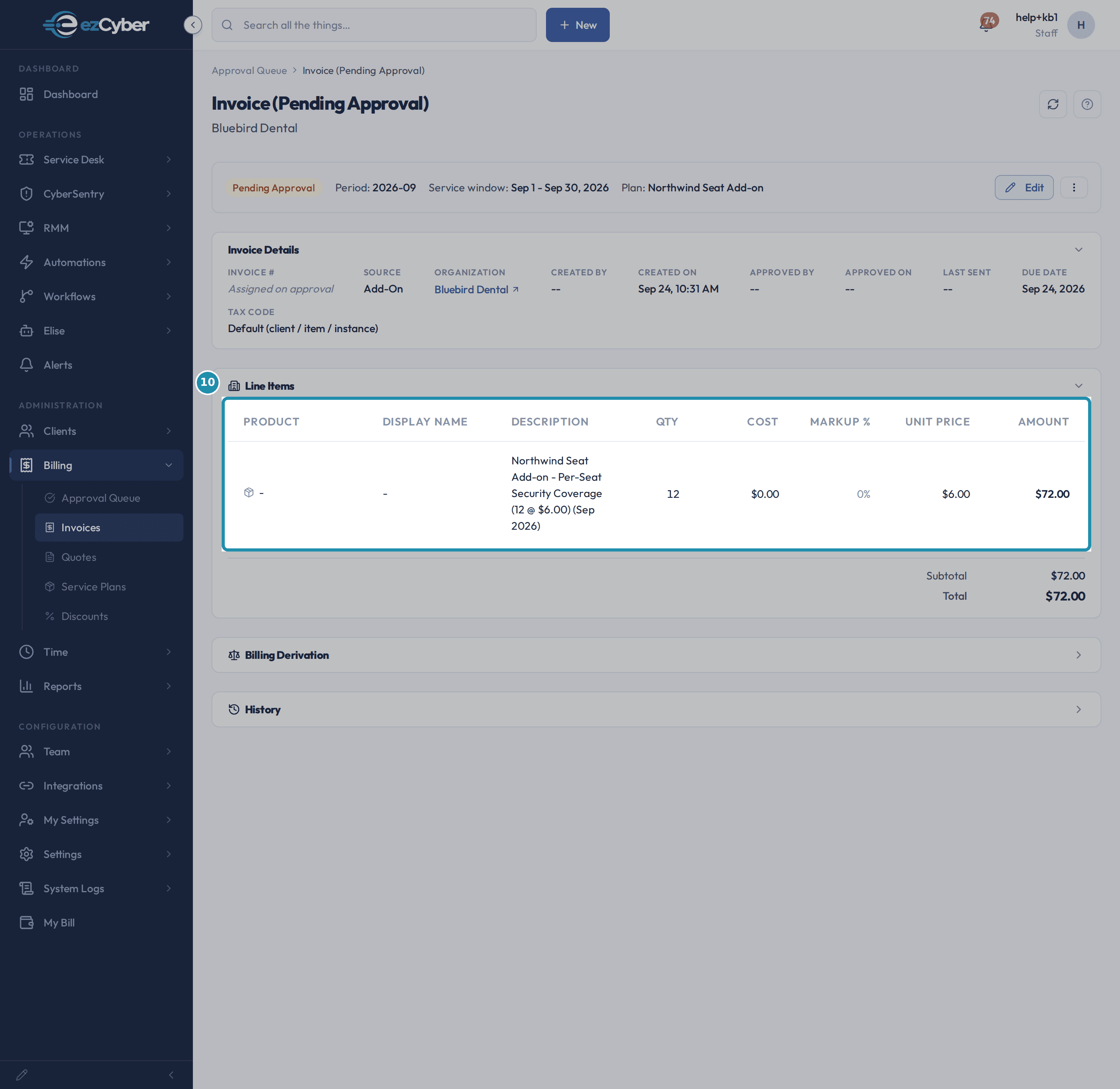 A Pending Approval invoice for Bluebird Dental's Northwind Seat Add-on, one line for 12 seats at $6.00, Subtotal and Total $72.00, with no Core invoice alongside it.