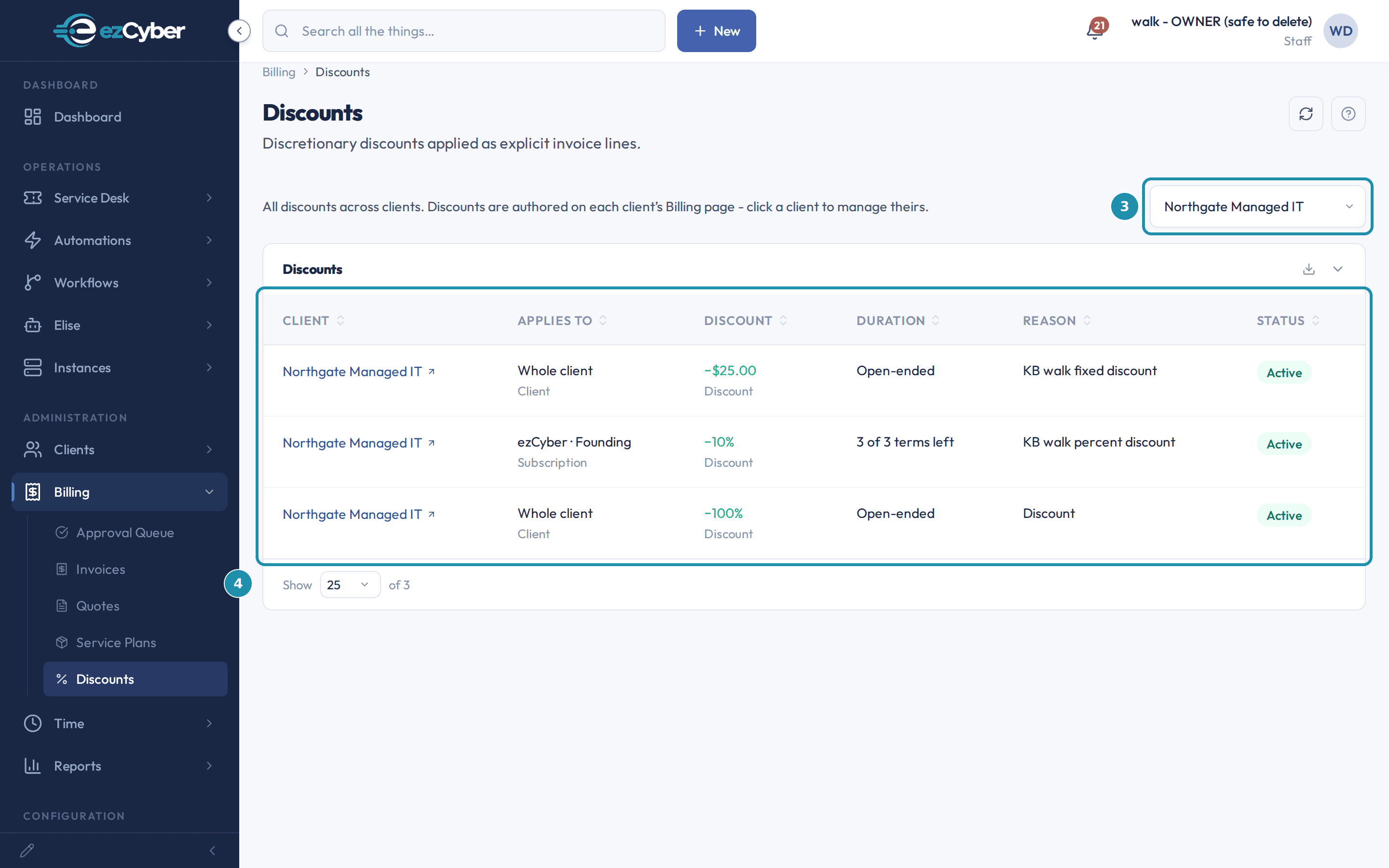 The Discounts list with the client picker set to one client and three rows, all belonging to that client.