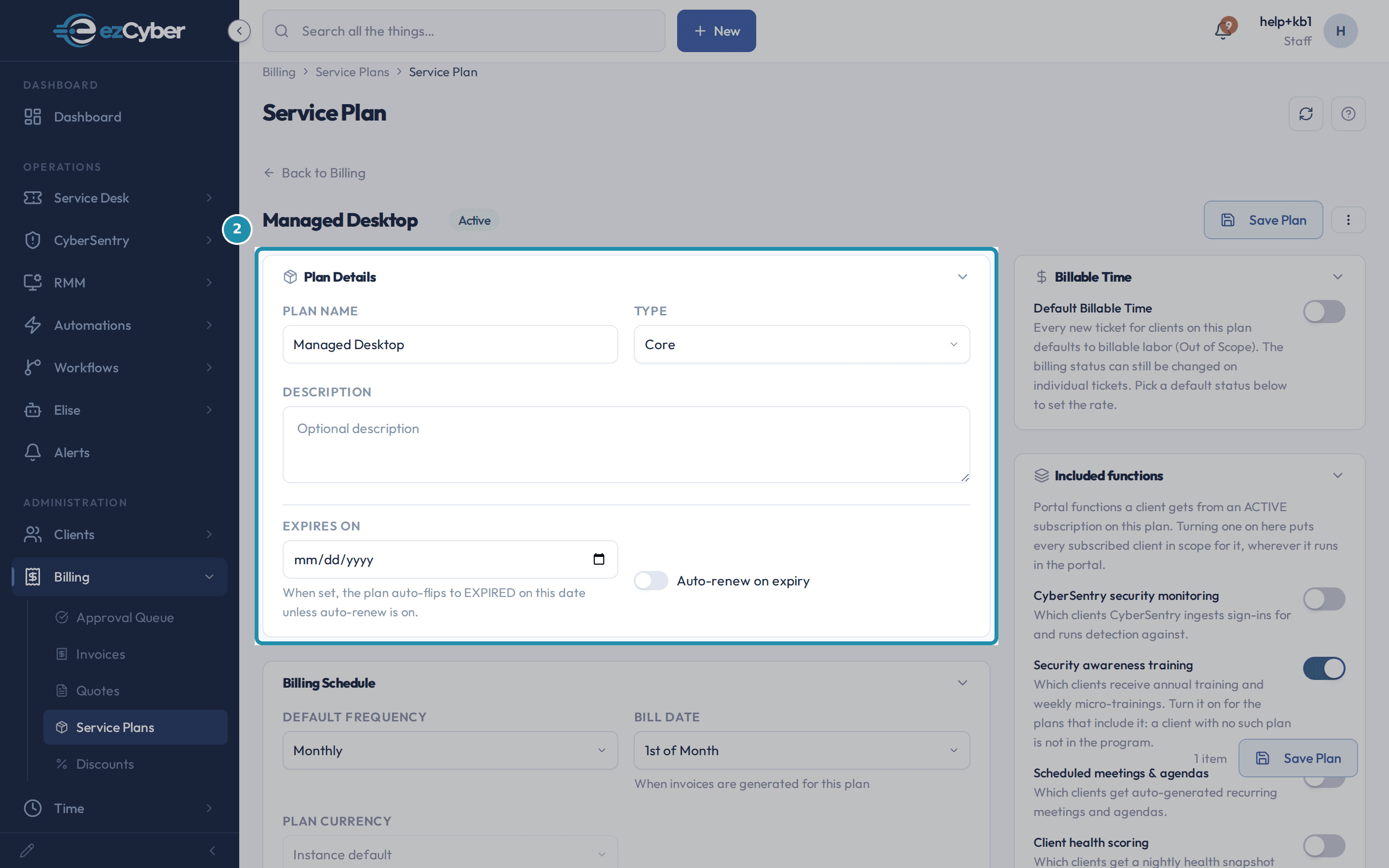 The Plan Details card on Managed Desktop, showing the Plan Name field, a Type dropdown set to Core, and an empty Description field.