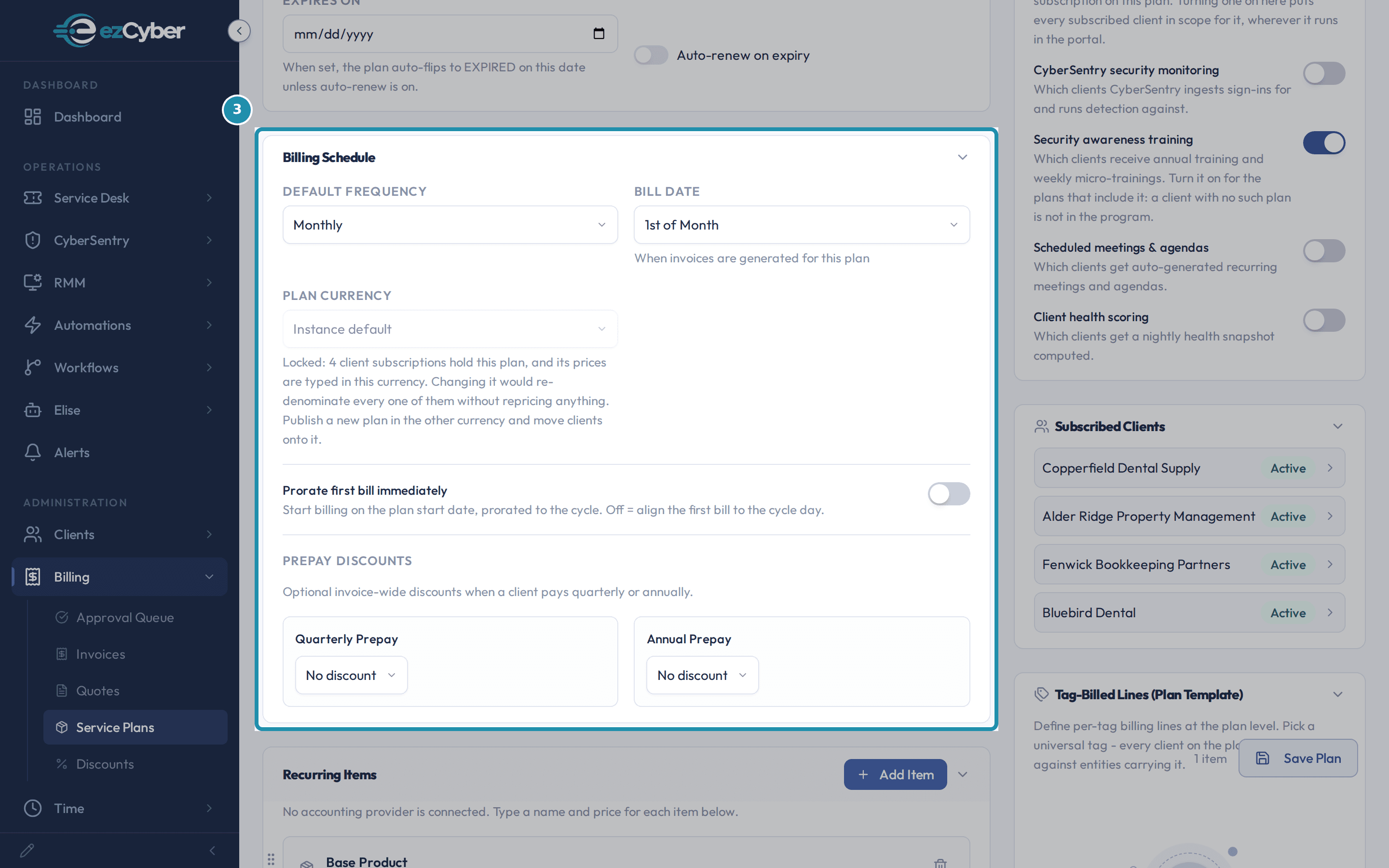 The Billing Schedule card on Managed Desktop, showing Default Frequency Monthly, Bill Date 1st of Month, a locked Plan Currency field, and Prorate first bill immediately turned off.