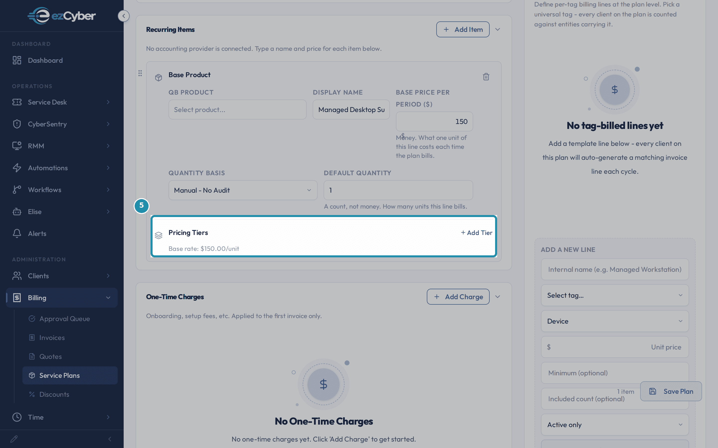 The Pricing Tiers section under Managed Desktop's line, showing the Add Tier button and Base rate: $150.00/unit with no tiers added.