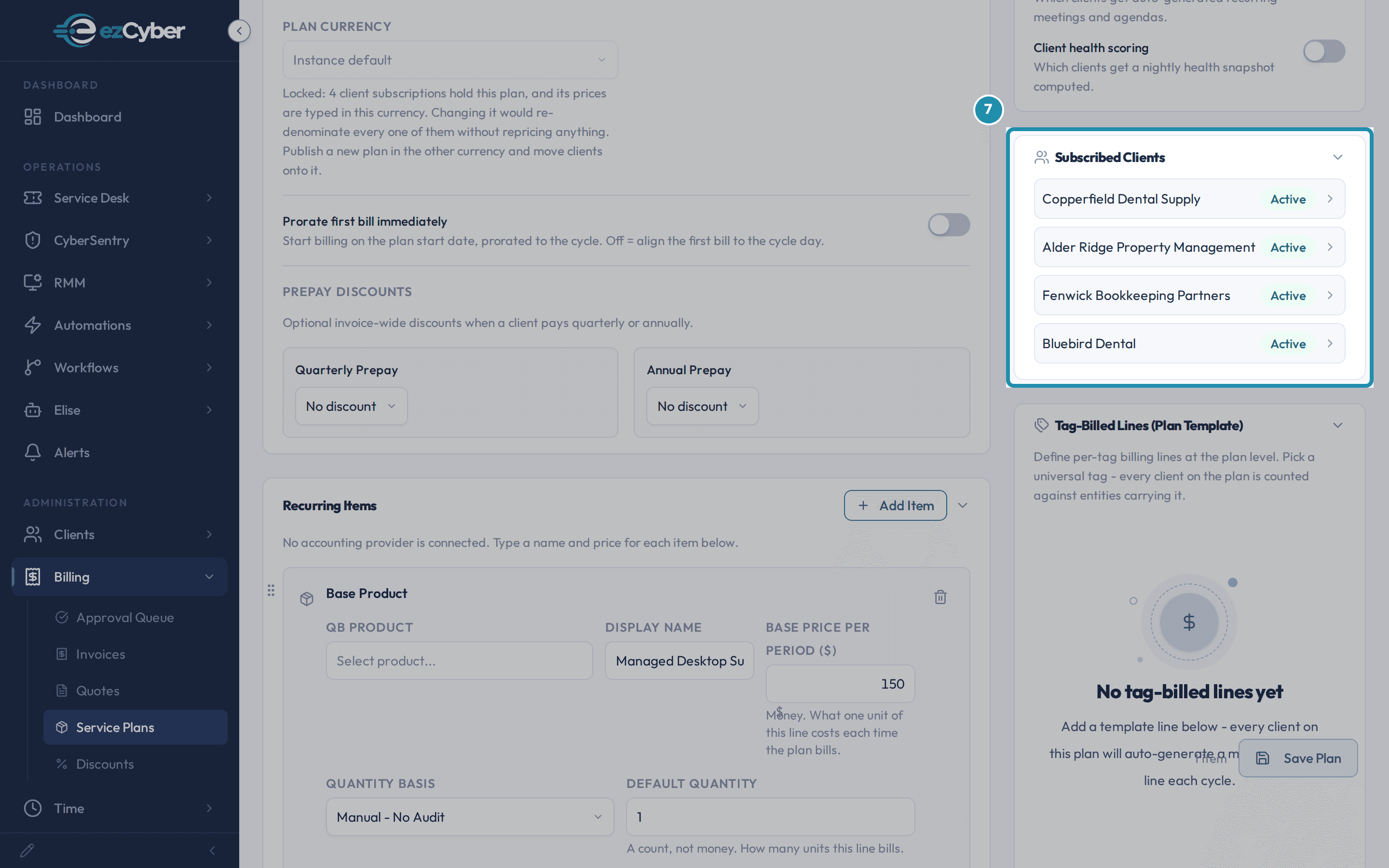 The Subscribed Clients card on Managed Desktop, showing four subscribed clients - Copperfield Dental Supply, Alder Ridge Property Management, Fenwick Bookkeeping Partners, and Bluebird Dental - all marked Active.