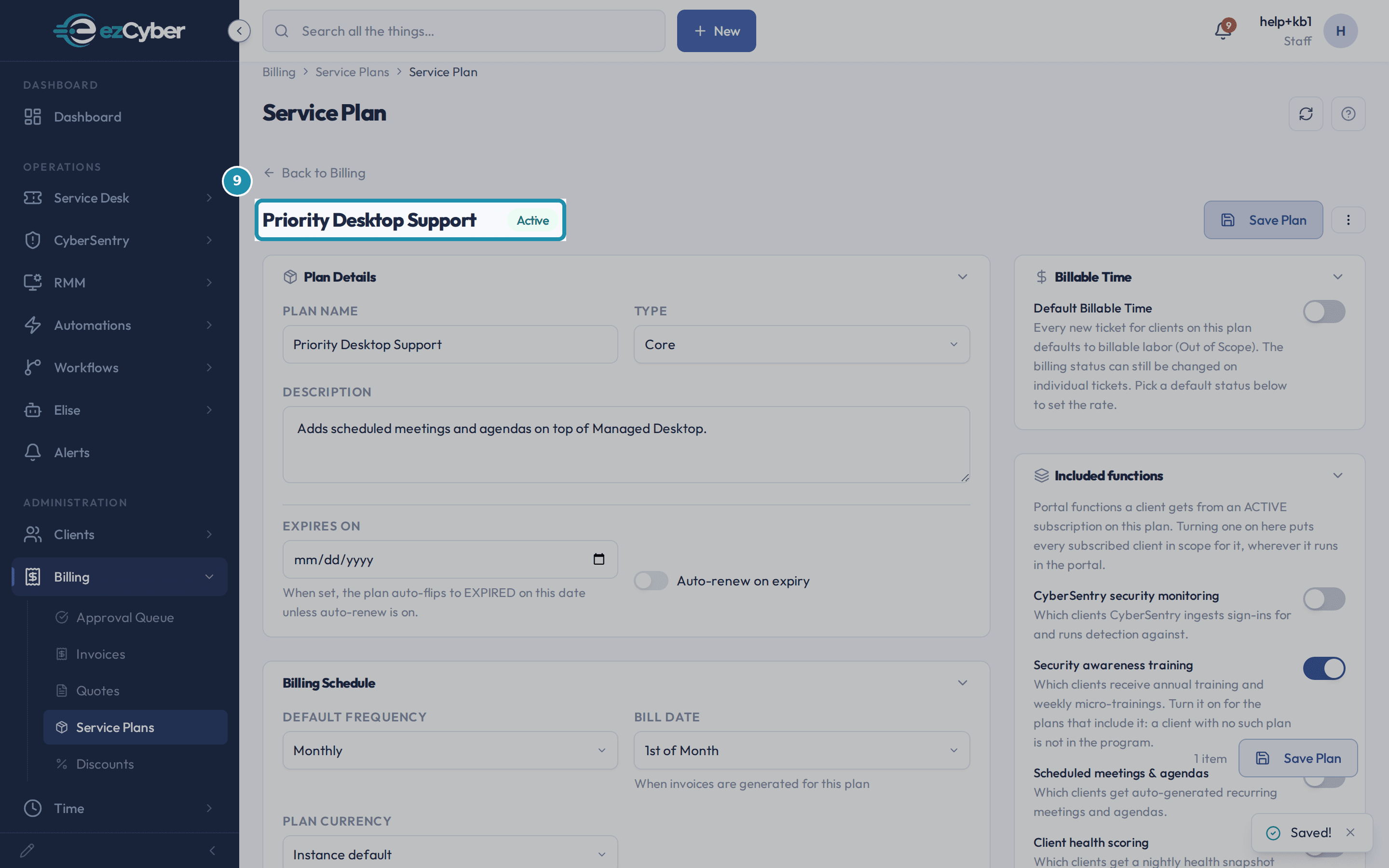 The duplicated plan's detail page header, renamed to Priority Desktop Support, still Active.