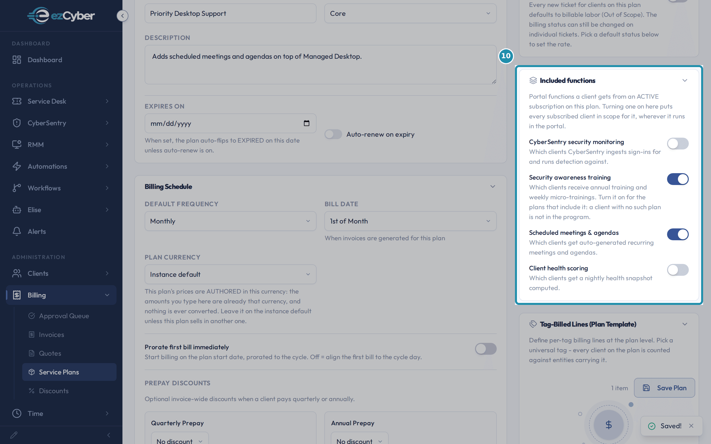 The Included functions card on the copy, with Scheduled meetings & agendas now turned on and a Saved confirmation showing in the corner.