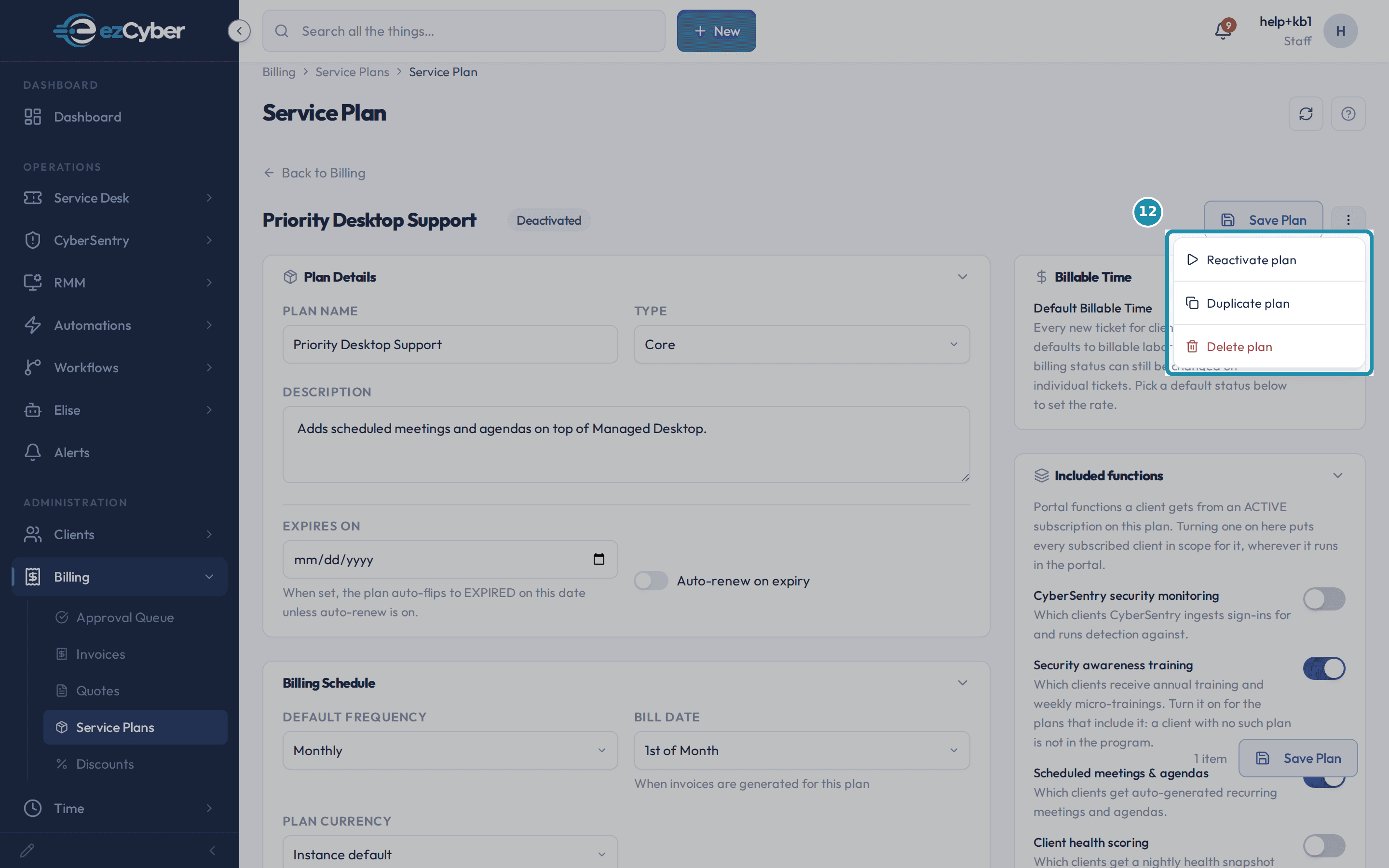 The renamed plan's detail page showing a Deactivated status badge and an open actions menu offering Reactivate plan, Duplicate plan, and Delete plan.