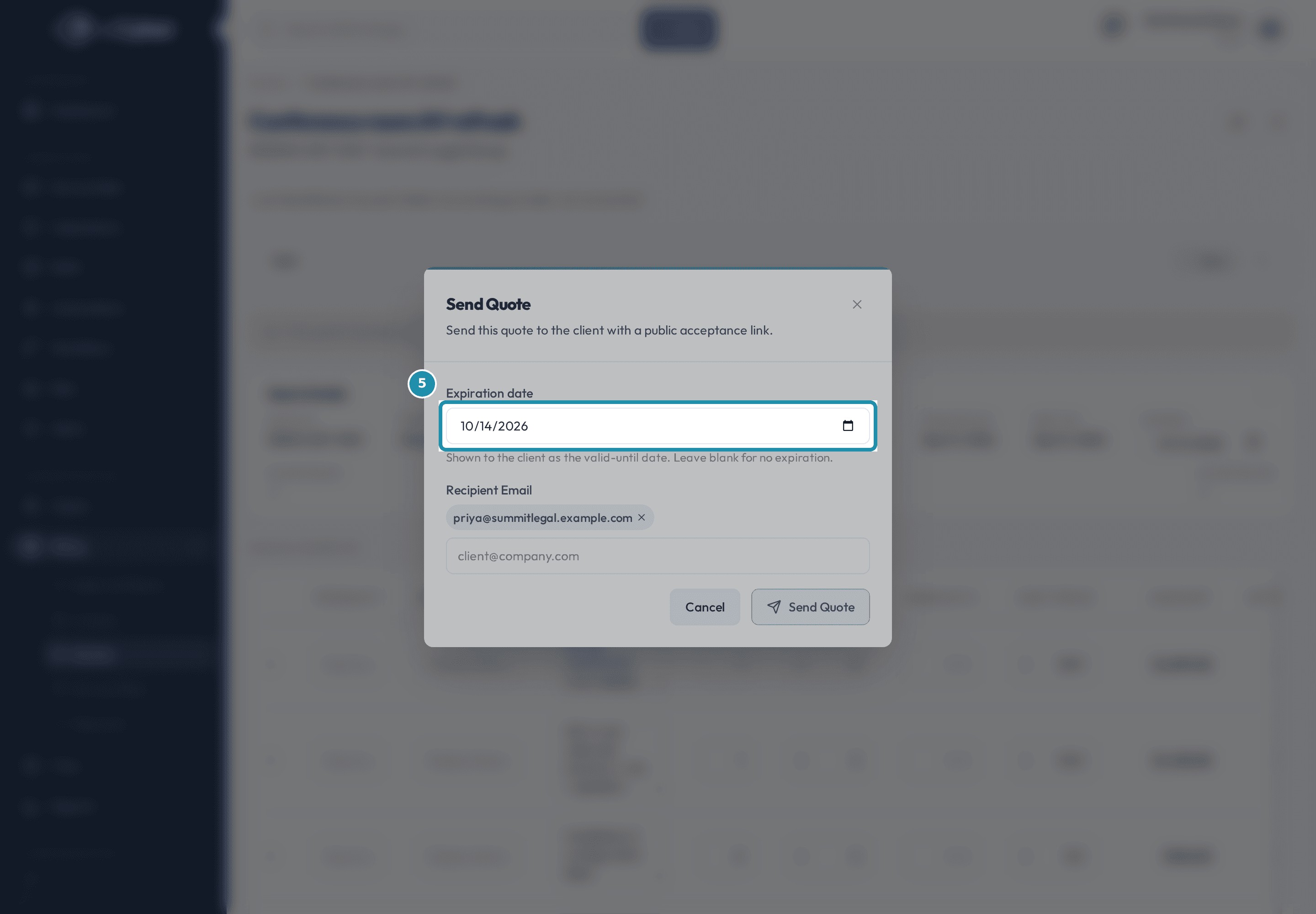 The Send Quote dialog's Expiration date field, boxed above the Recipient Email row.