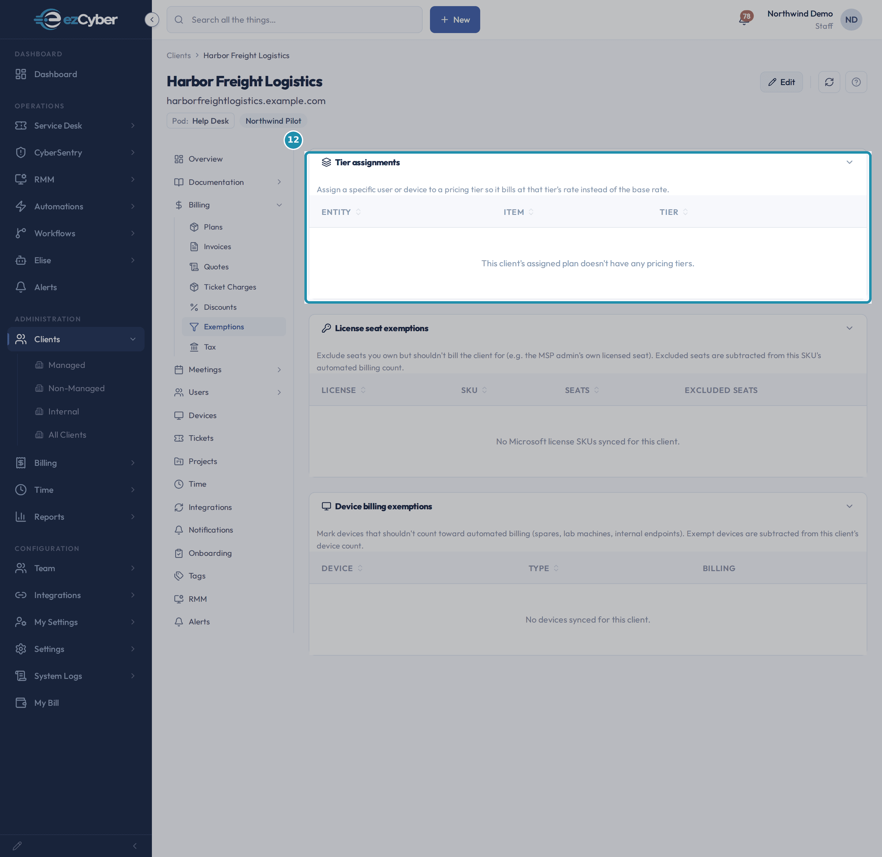 The client's Exemptions page with the Tier assignments card boxed, its Entity, Item, and Tier columns empty above a note that the assigned plan has no pricing tiers.