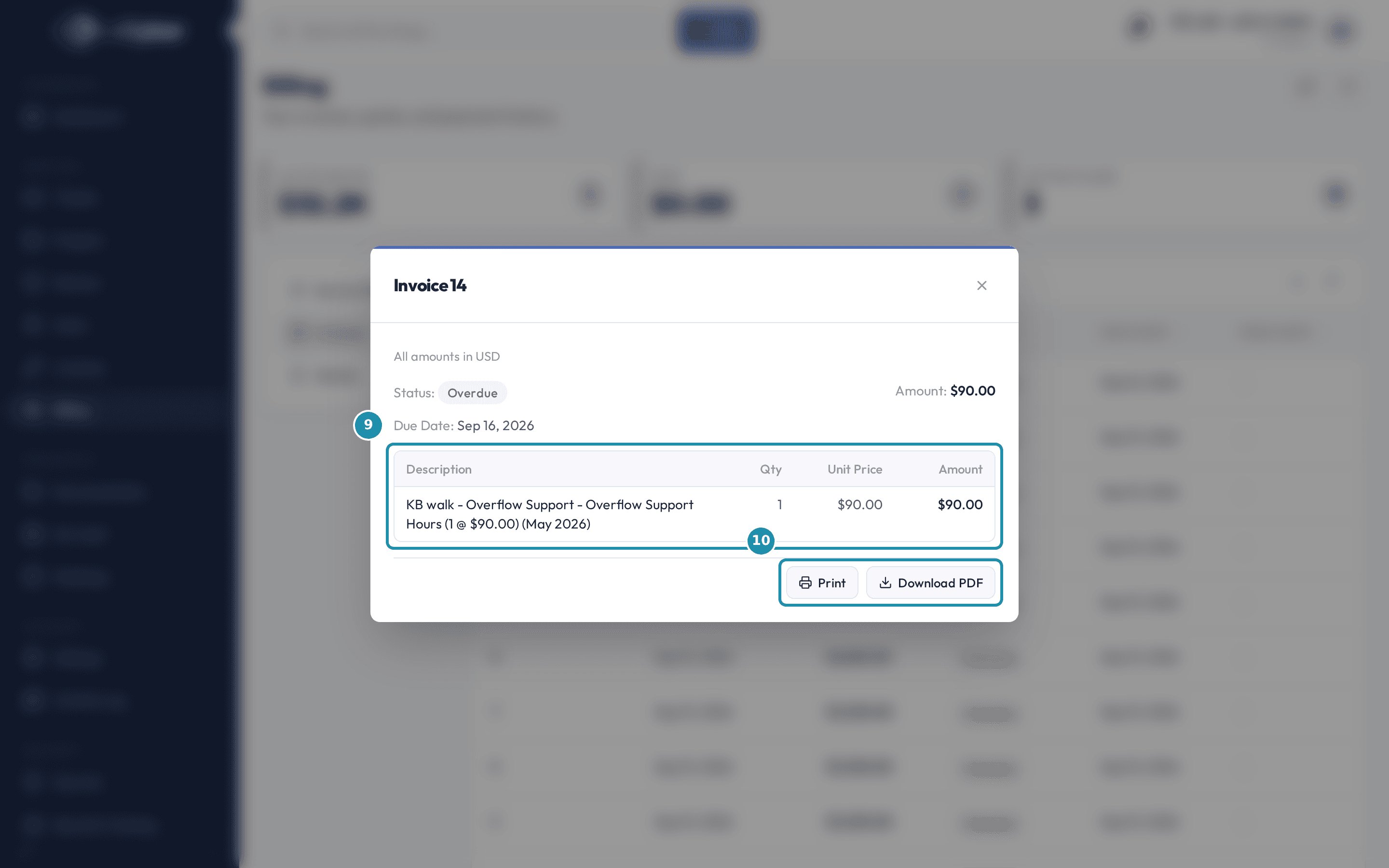 An invoice opened from the client Billing page with two regions called out: its line items, and the Print and Download PDF buttons.