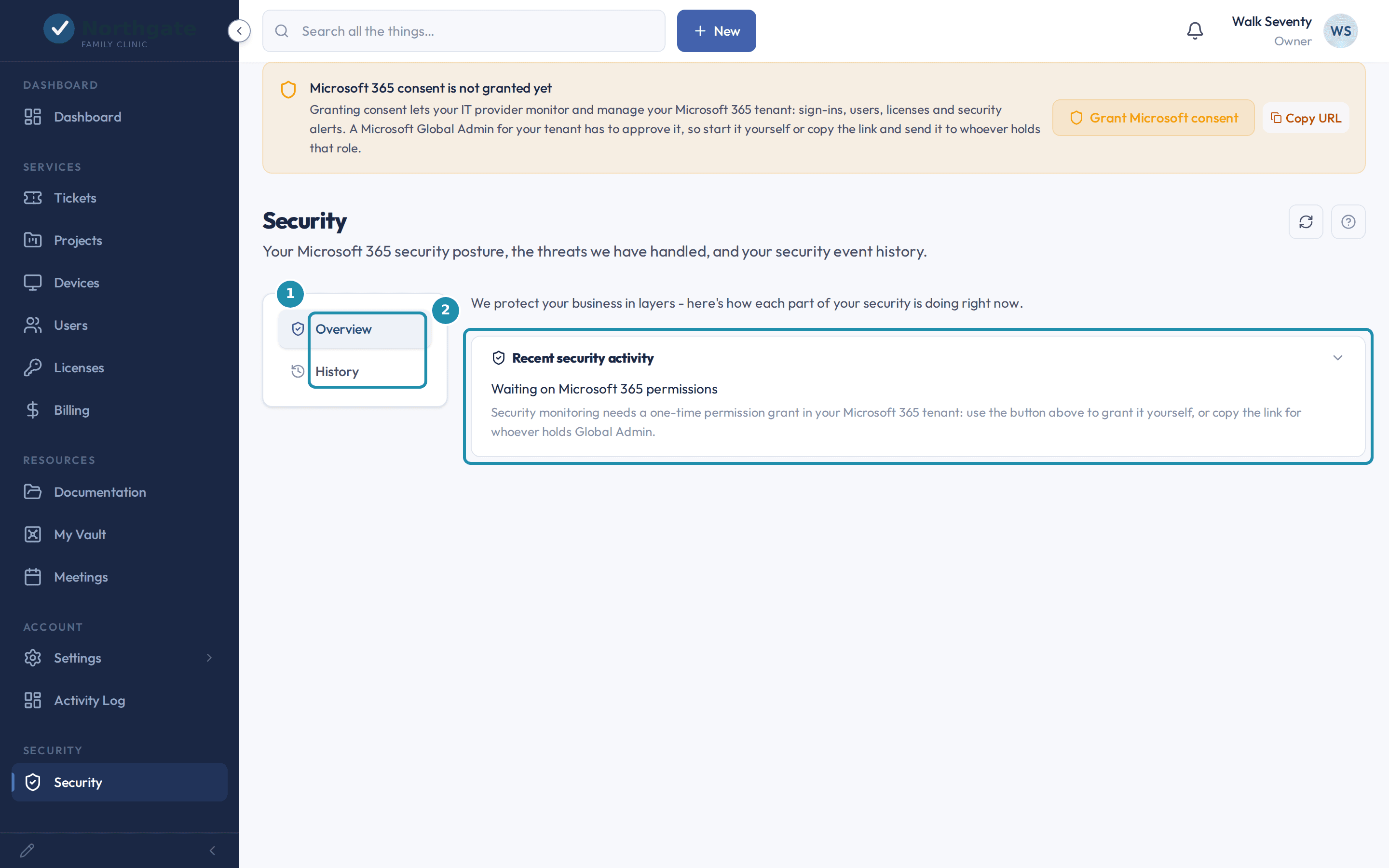 The client Security page with two regions called out: the Overview and History tabs, and the Recent security activity card explaining that Microsoft 365 monitoring is not turned on yet for this account.
