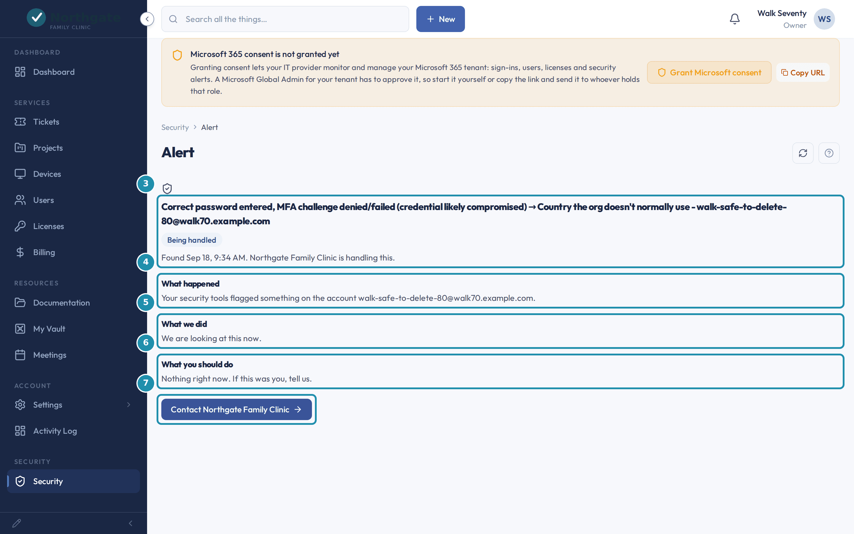 One security alert opened in the client portal with five regions called out: the alert's name and status, What happened, What we did, What you should do, and the Contact button.