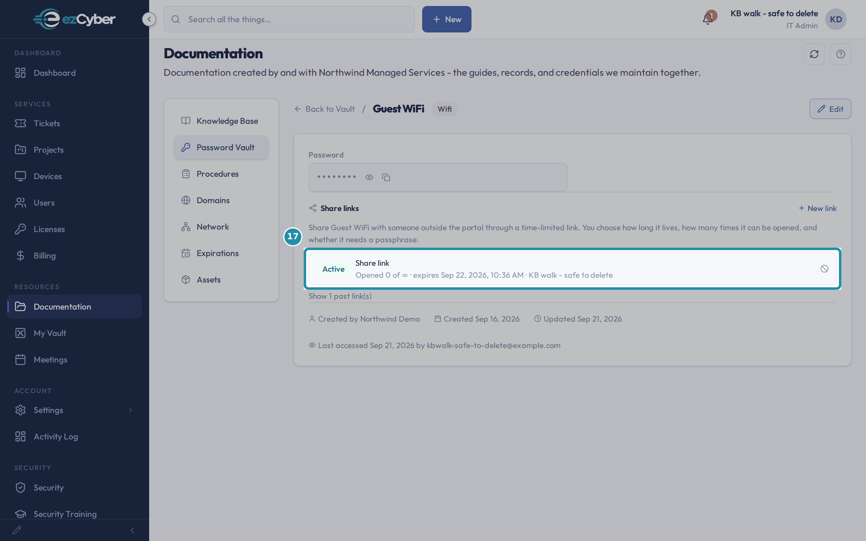 The Share links list on a vault entry called out, showing one Active link with its note, open count and expiry, and the revoke icon at the end of the row.