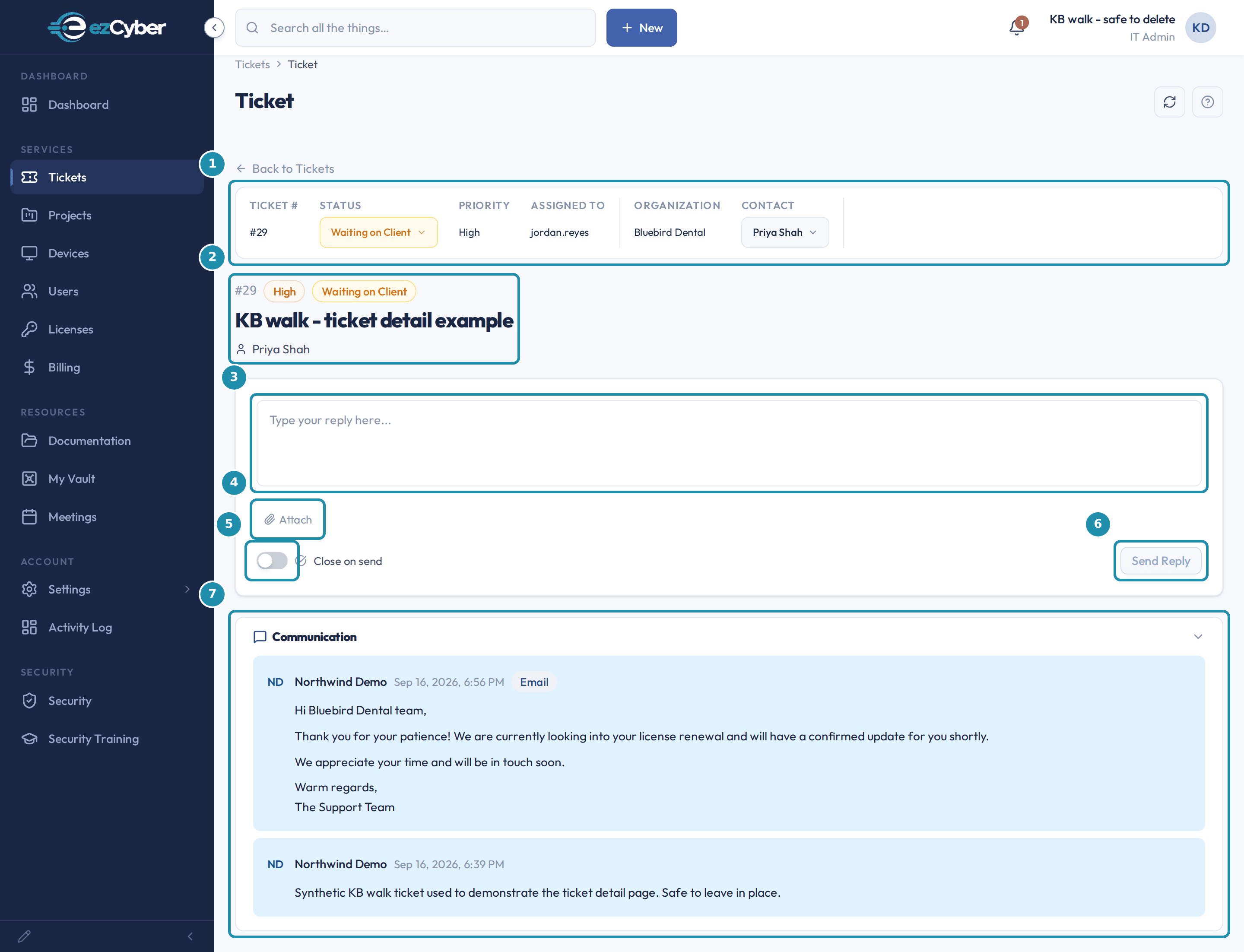 One ticket in the client portal with seven regions called out: the state strip, the subject with its chips, the reply box, Attach, the Close on send switch, Send Reply and the Communication thread.