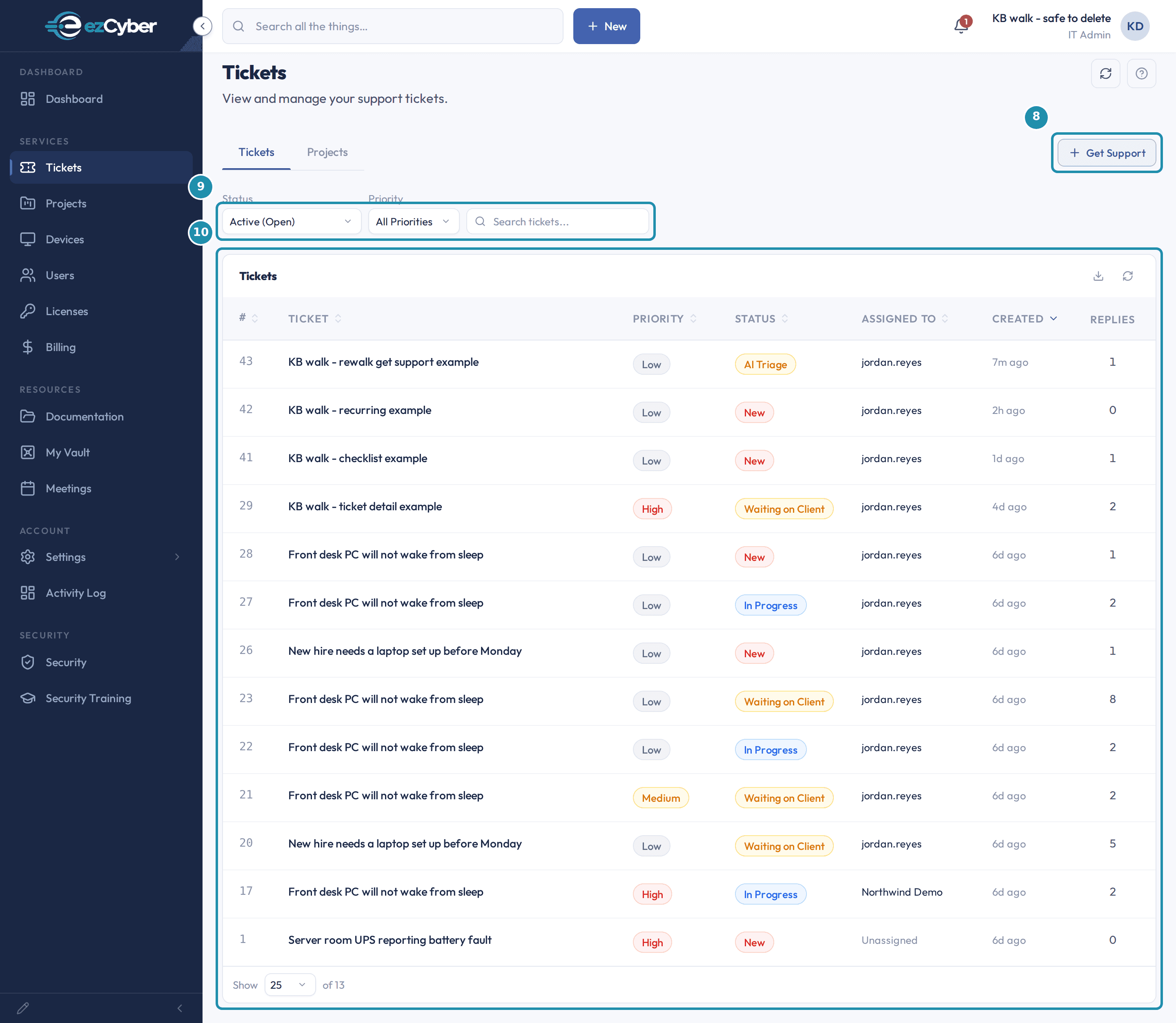 The client Tickets page with three regions called out: the Get Support button, the Status, Priority and search filter row, and the ticket list.