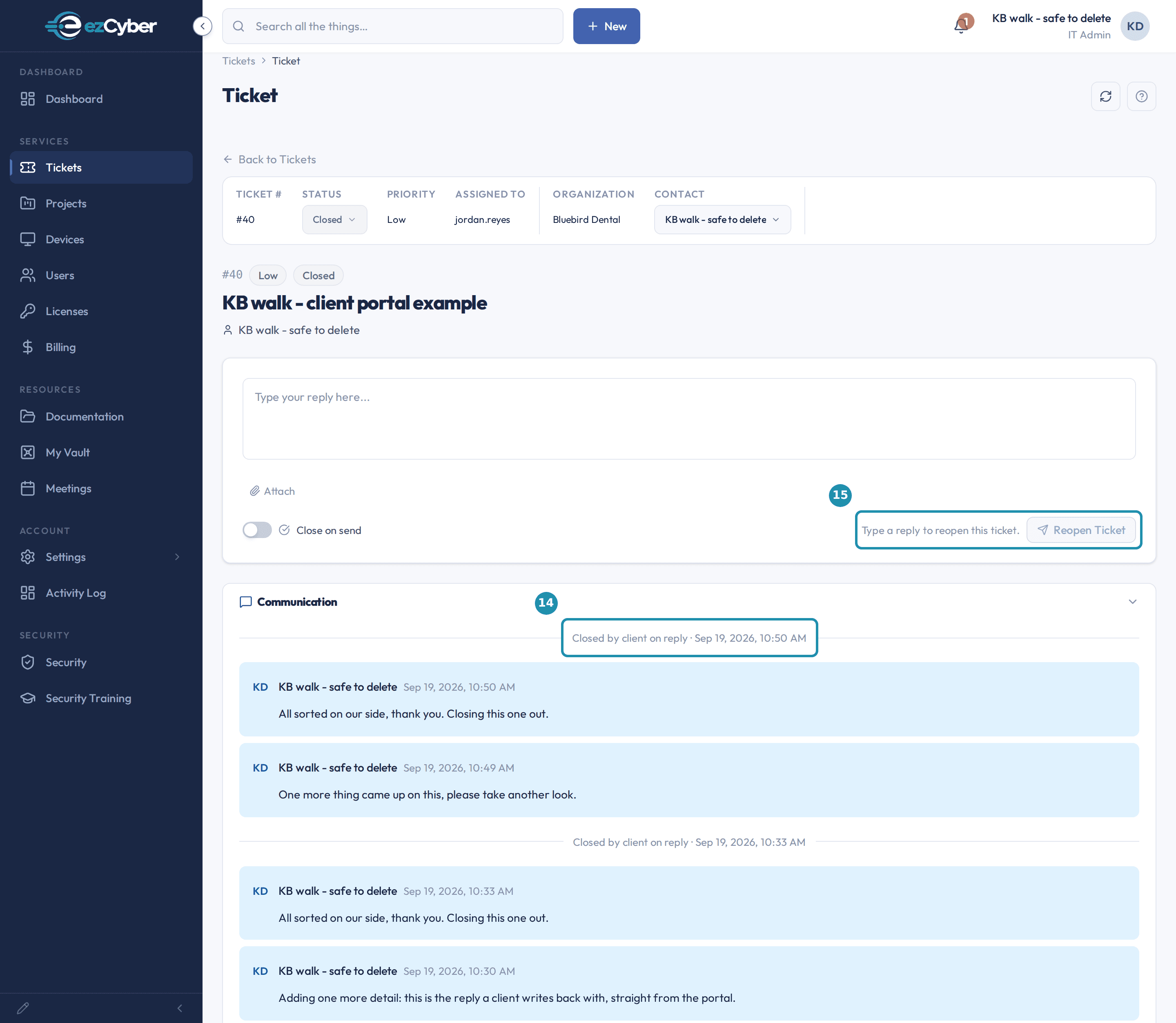 A closed ticket in the client portal with two regions called out: the "Closed by client on reply" line in the thread and the Reopen Ticket button with its hint.