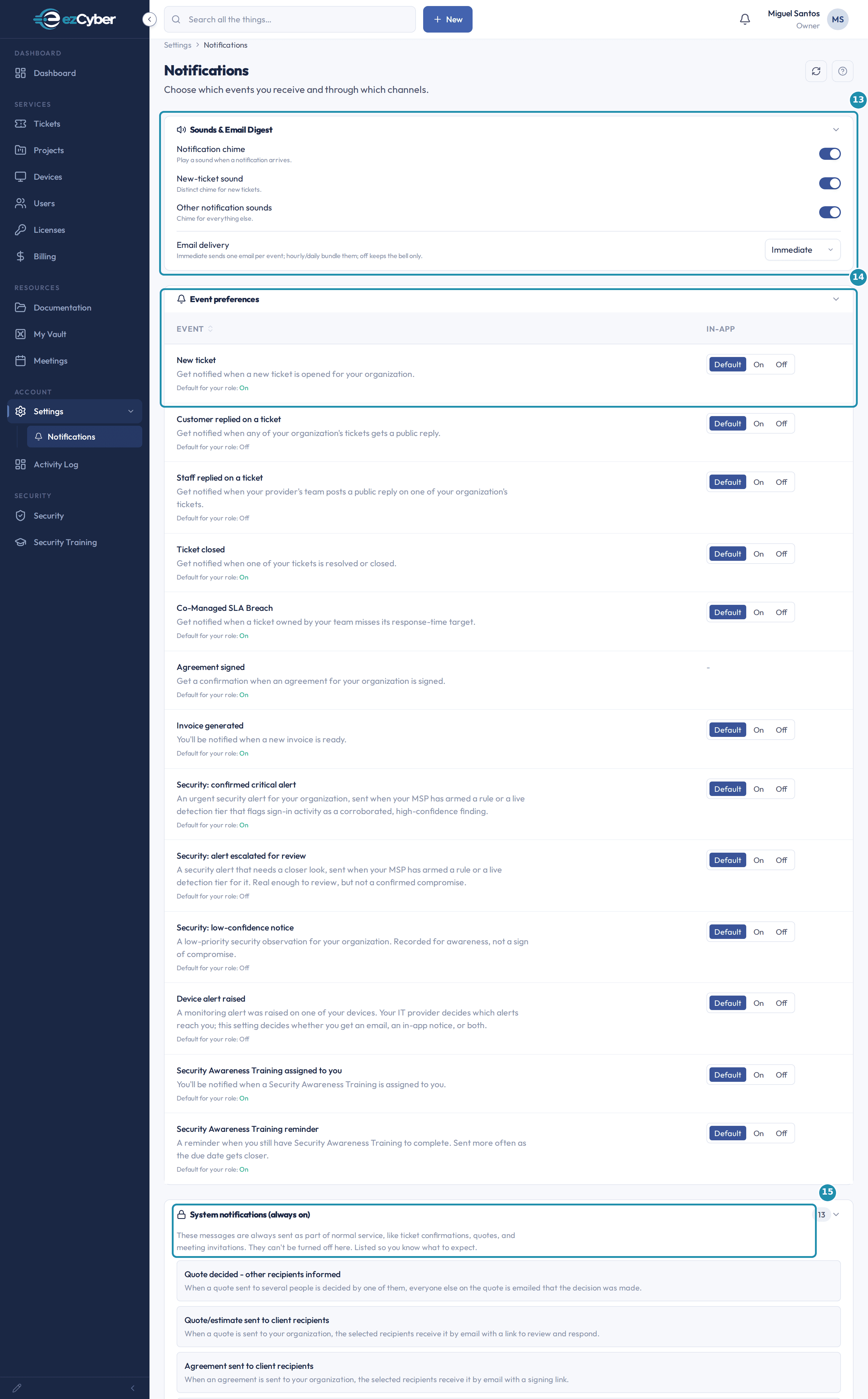 The Notifications page under Settings, with a numbered teal badge and box outline on the Sounds and Email Digest card, the Event preferences table's header and New ticket row, and the System notifications (always on) card.