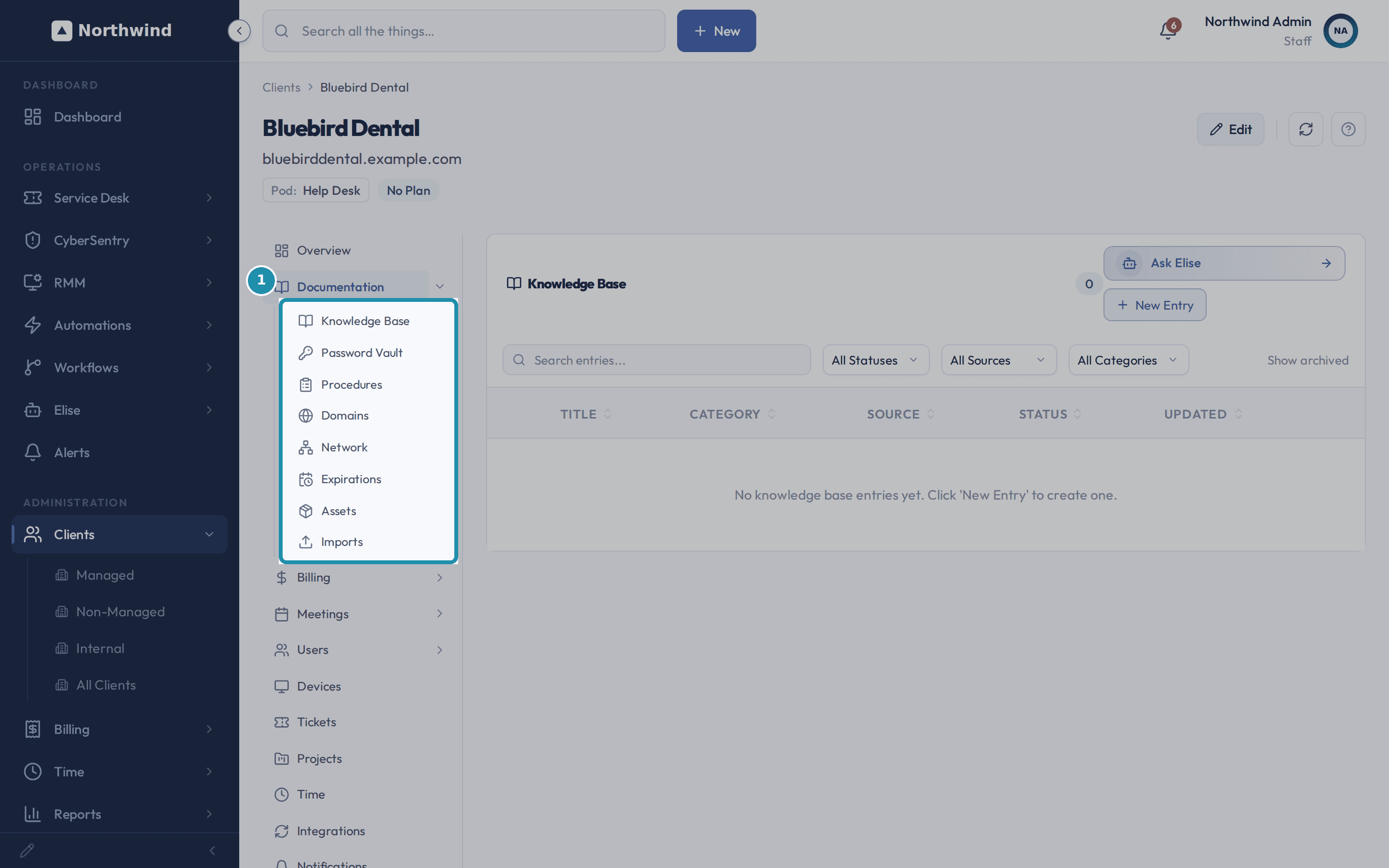 The Documentation sub-tab menu expanded in the client's left sidebar, listing Knowledge Base, Password Vault, Procedures, Domains, Network, Expirations, Assets, and Imports, with the Knowledge Base panel open on the right showing no entries yet.