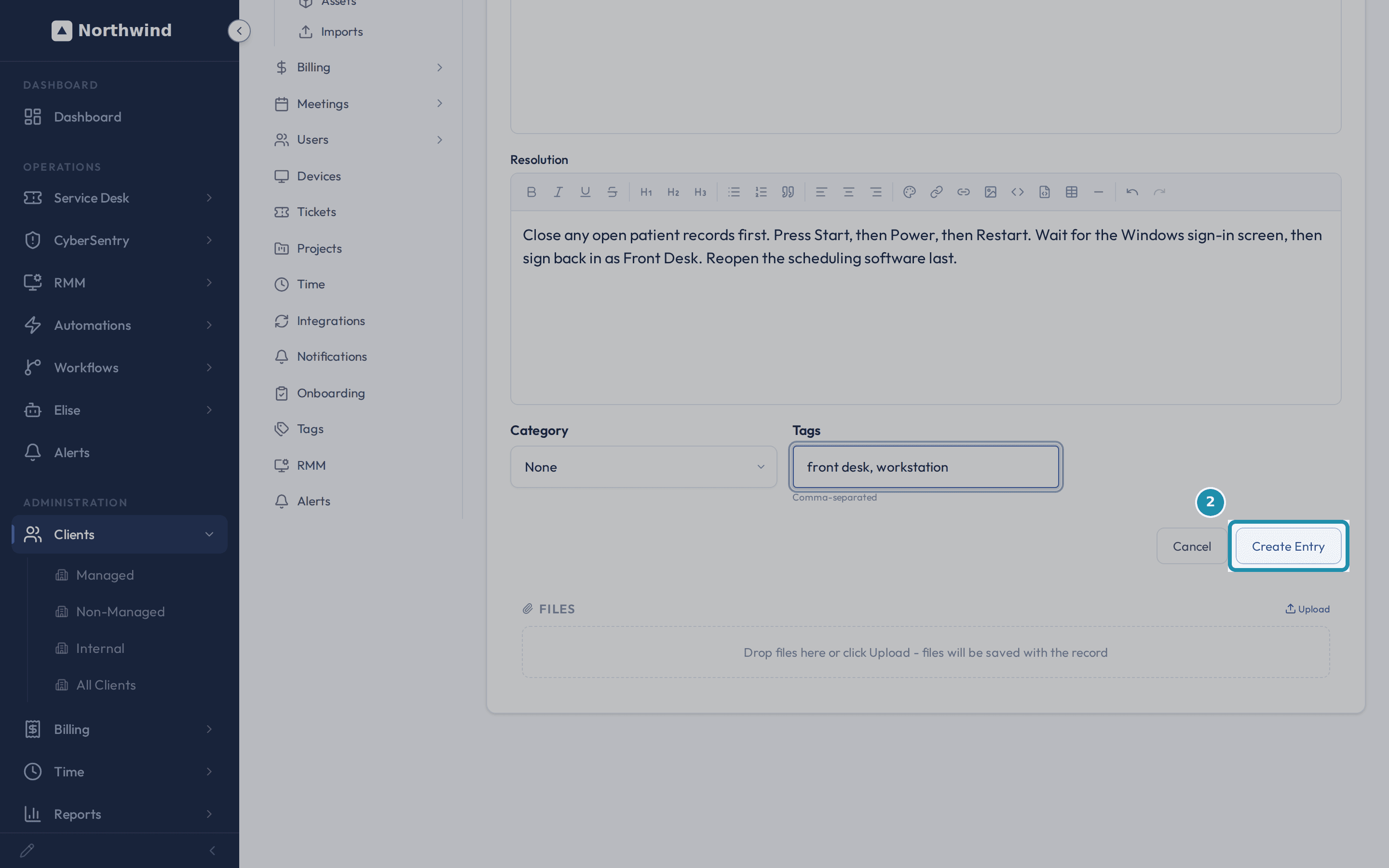 The New Knowledge Base Entry form filled in with the title Front desk PC restart steps, a content paragraph, a resolution paragraph, and the tags front desk and workstation, with the Create Entry button highlighted.
