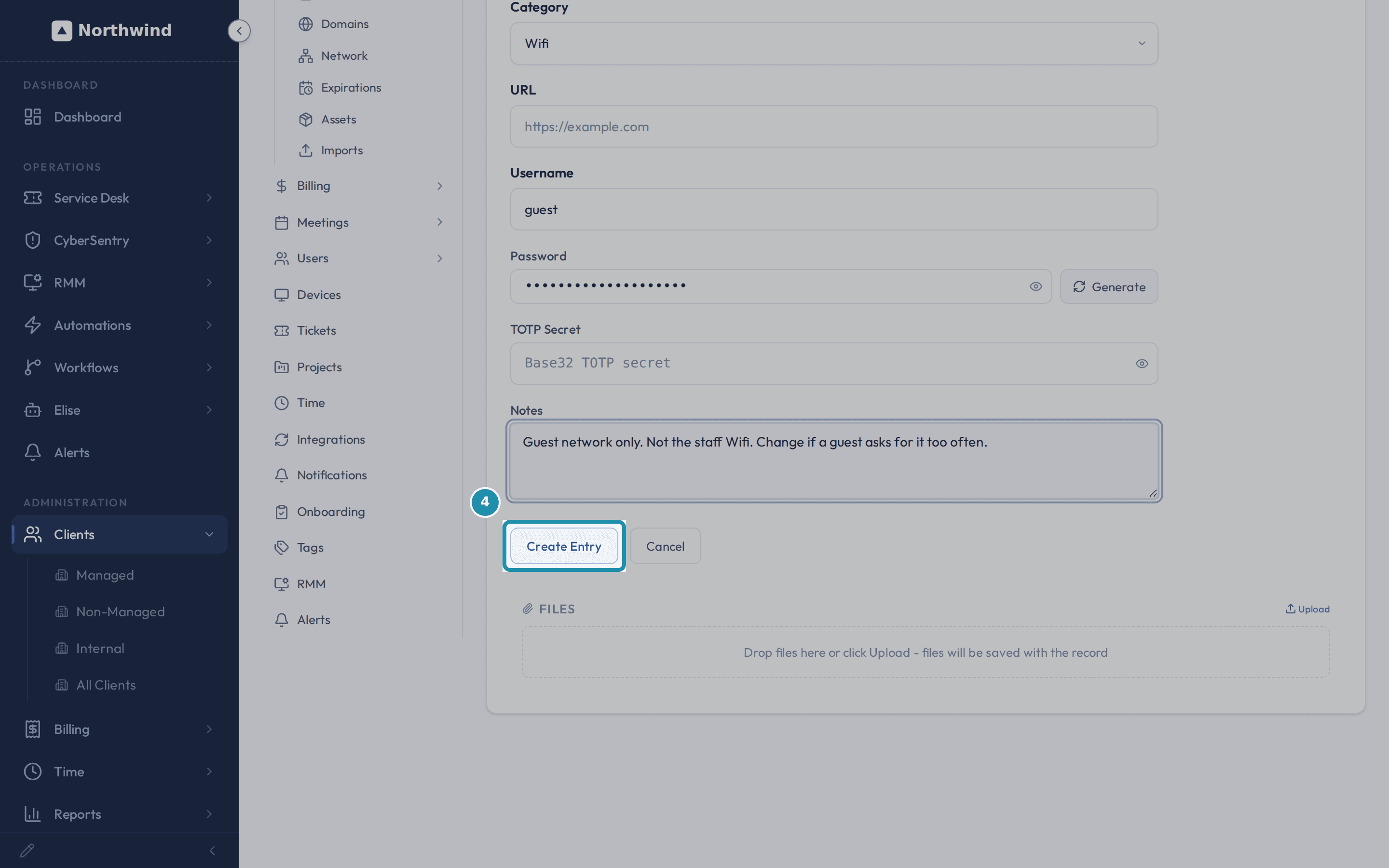 The New Vault Entry form with Category set to Wifi, Username guest, a masked password, and a notes field describing it as the guest network only, with the Create Entry button highlighted.