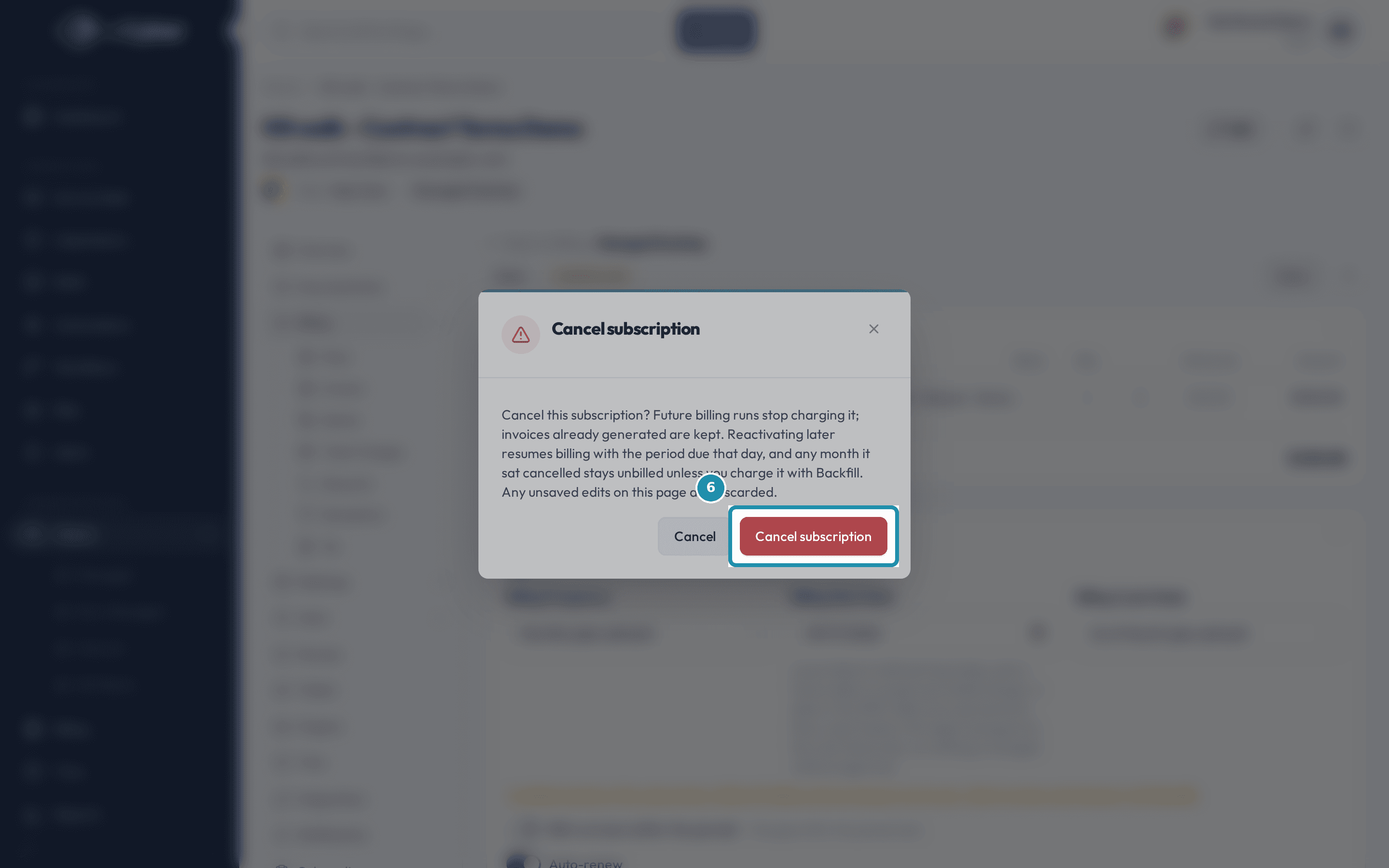 The Cancel subscription confirm dialog, with its own Cancel subscription button called out.
