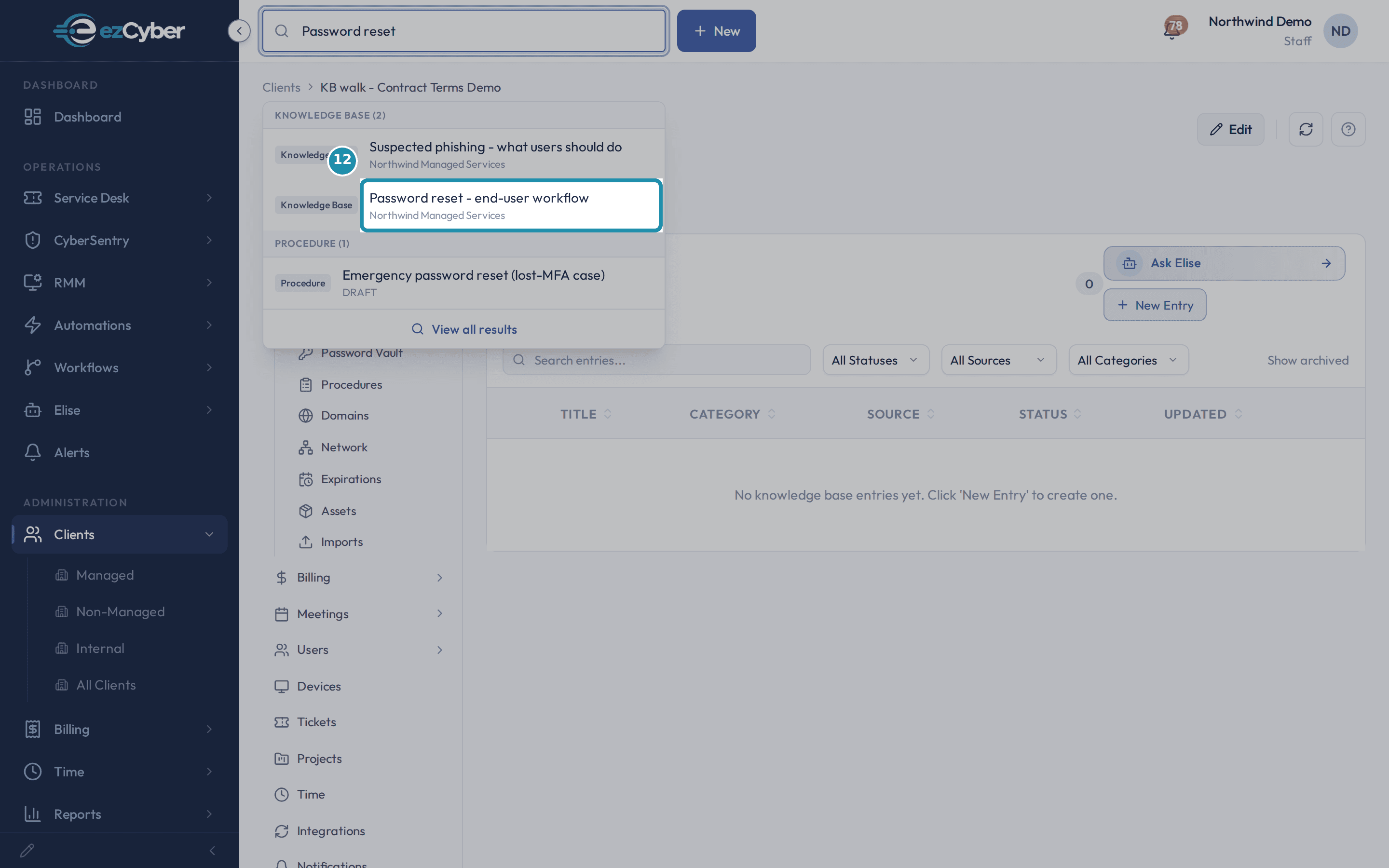 The header search results showing the company-wide Knowledge Base article, with its Northwind Managed Services label called out, above an empty client Knowledge Base list.