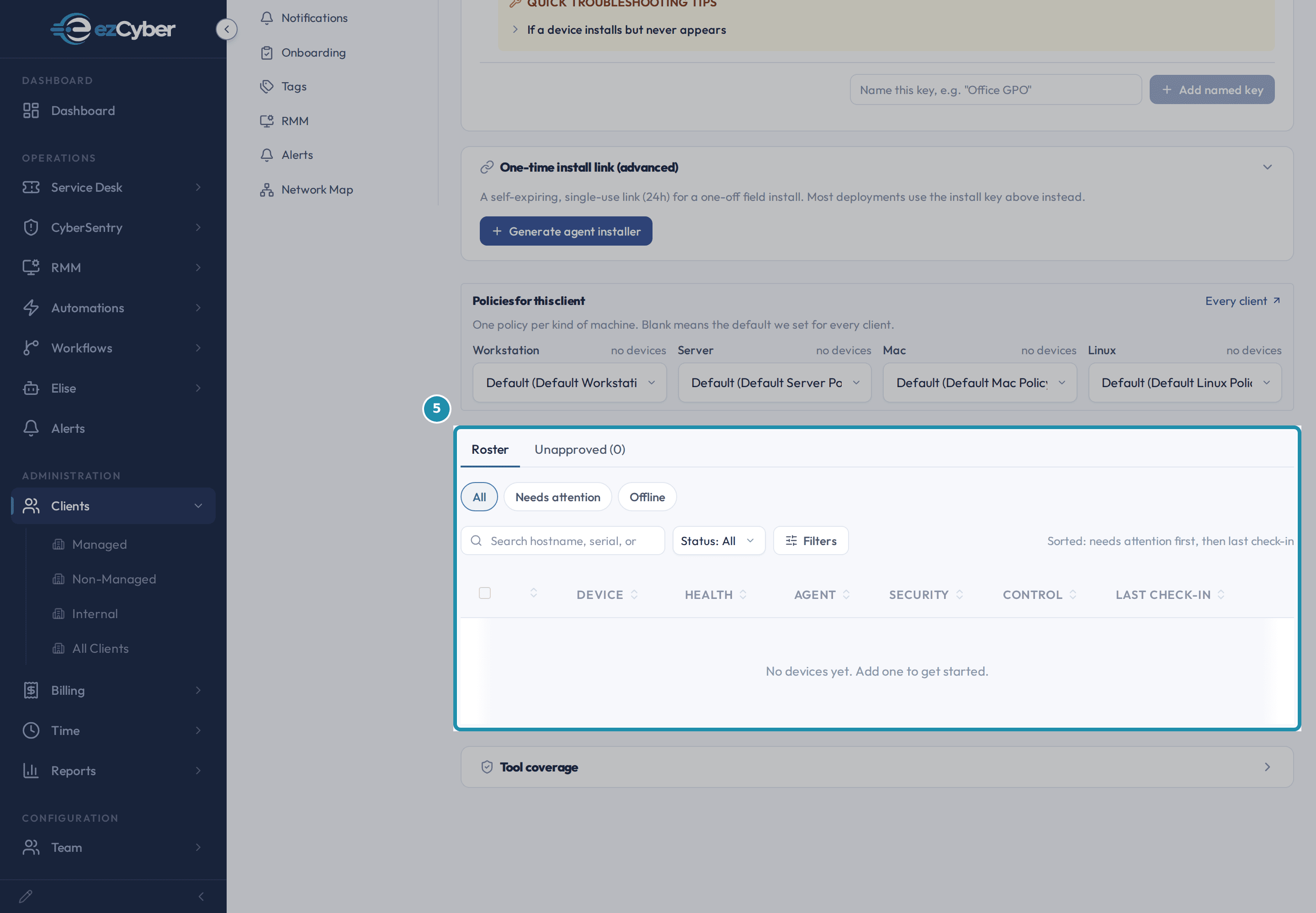 The Roster tab on a client with no devices, showing its empty column headers and the No devices yet message, called out.