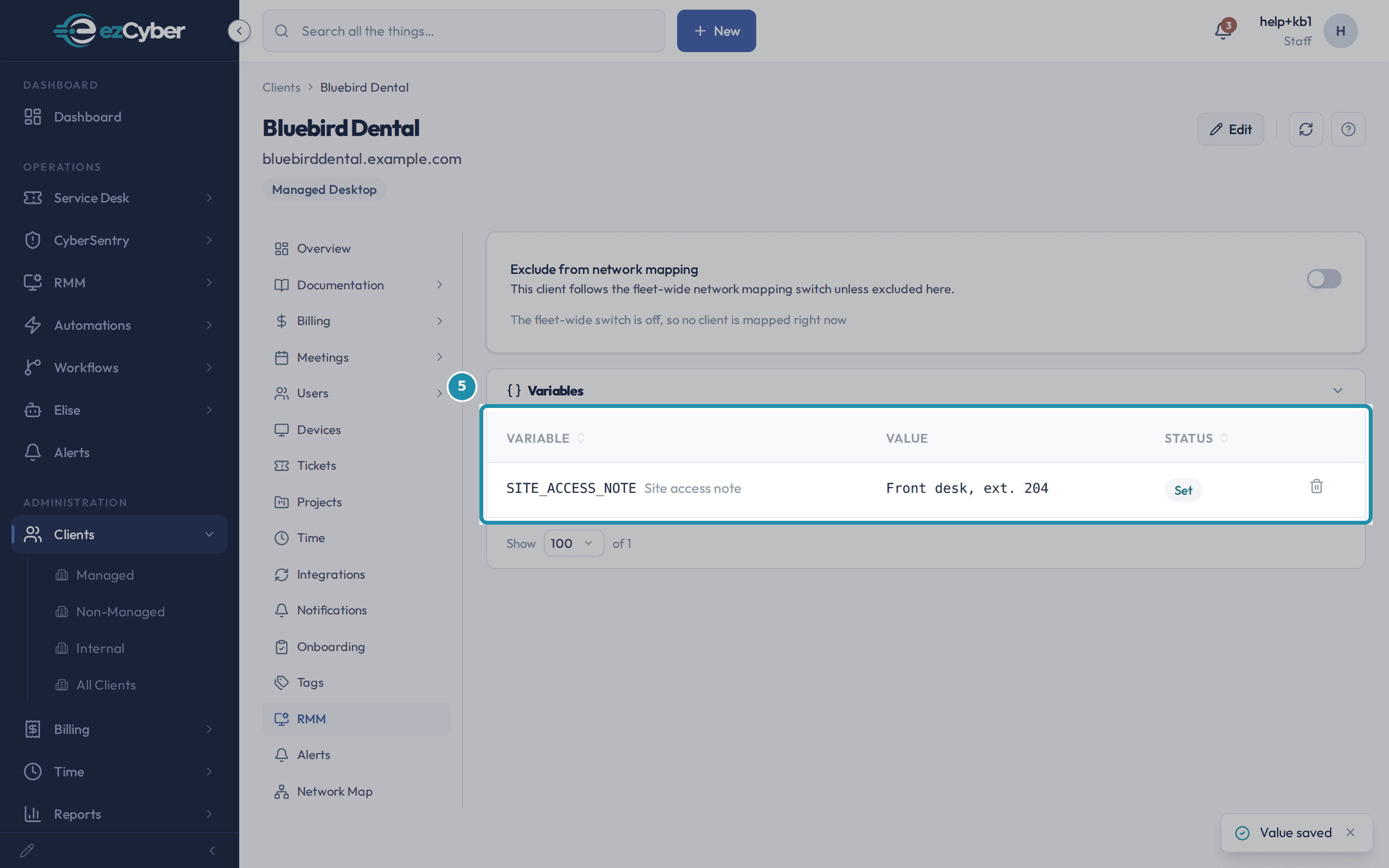 Bluebird Dental's RMM tab with the SITE_ACCESS_NOTE row now reading "Front desk, ext. 204" and a Set status badge, called out, next to a "Value saved" confirmation.