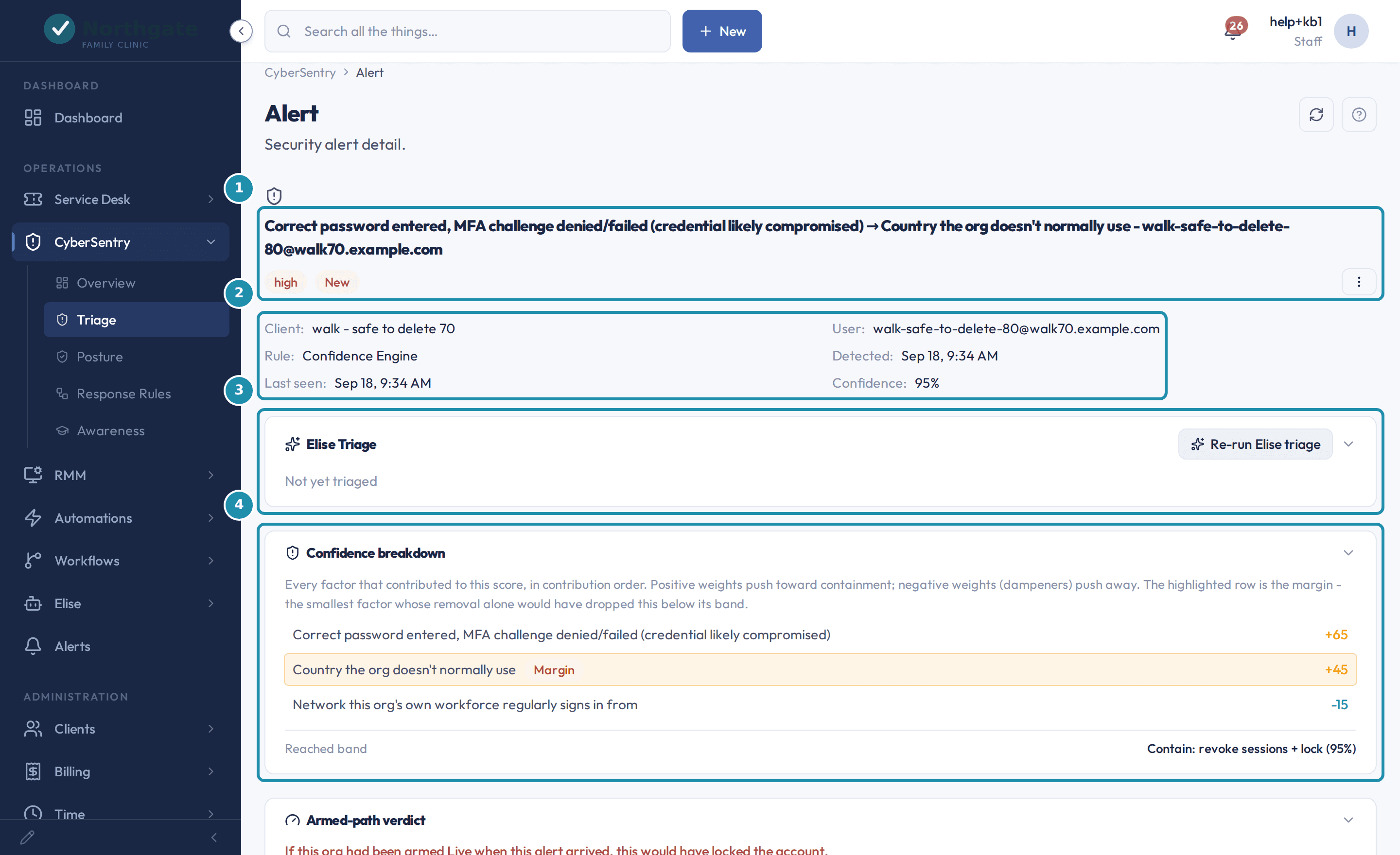 A security alert's detail page with numbered badges on the alert and its badges, the facts row, the Elise Triage card, and the Confidence breakdown card.