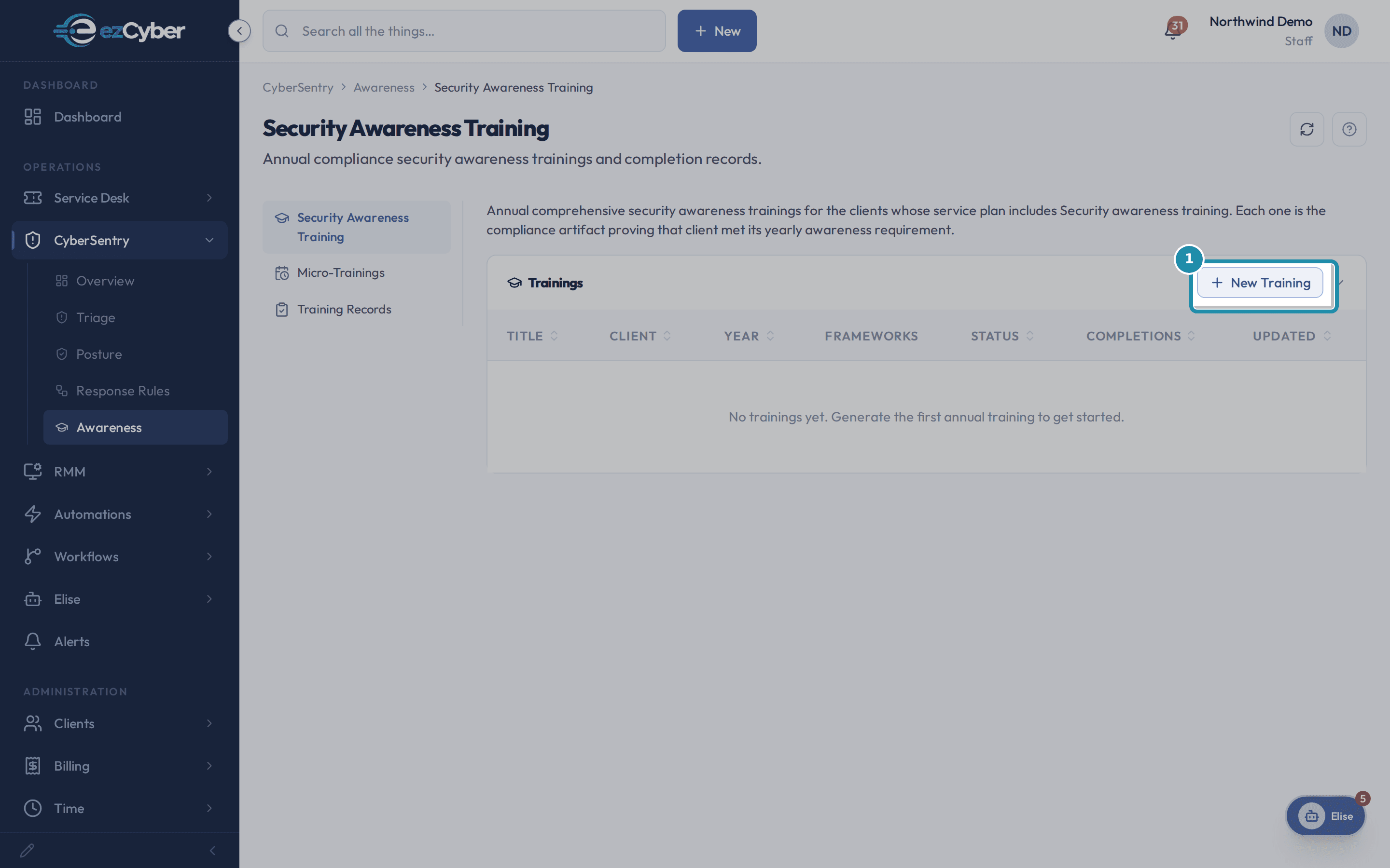 The empty Security Awareness Training list with the New Training button boxed.
