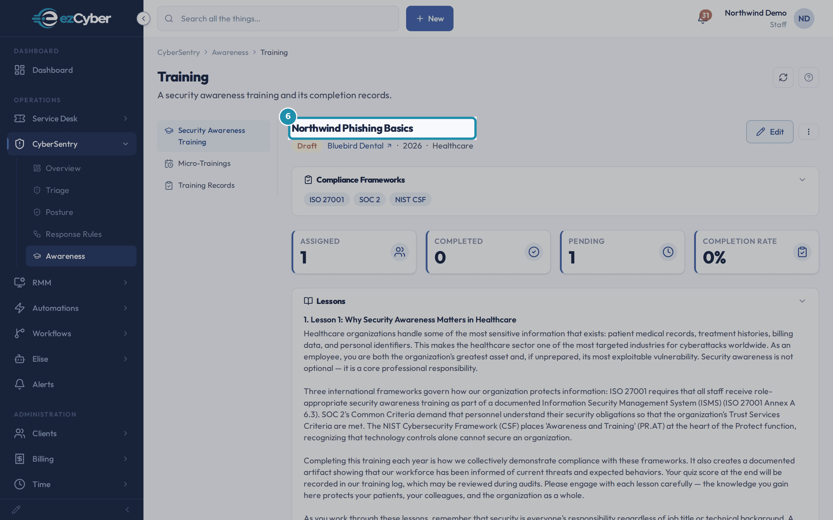 The saved training's new title, Northwind Phishing Basics, boxed above the Draft status line.