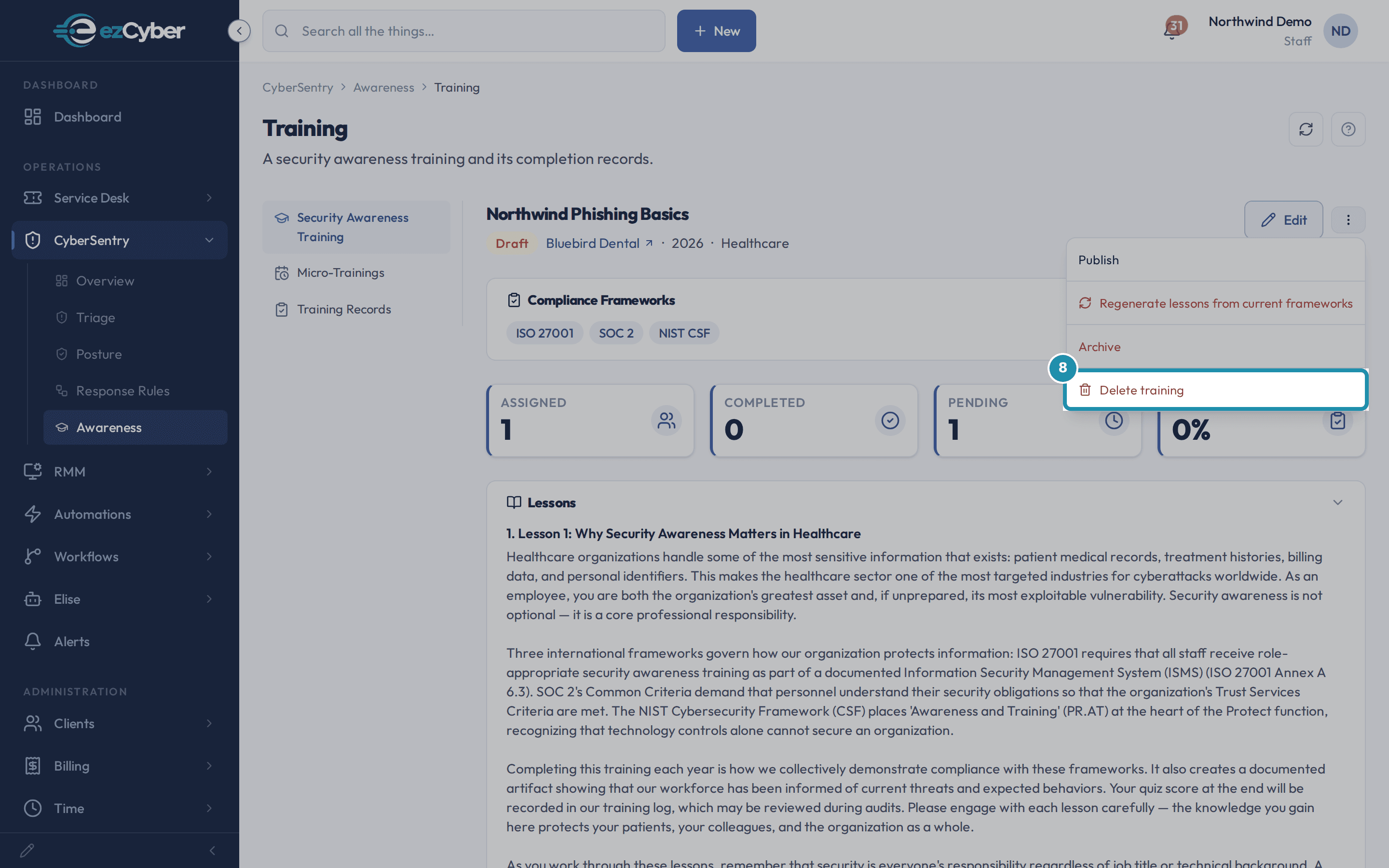 The same actions menu with Delete training boxed, Archive listed just above it.