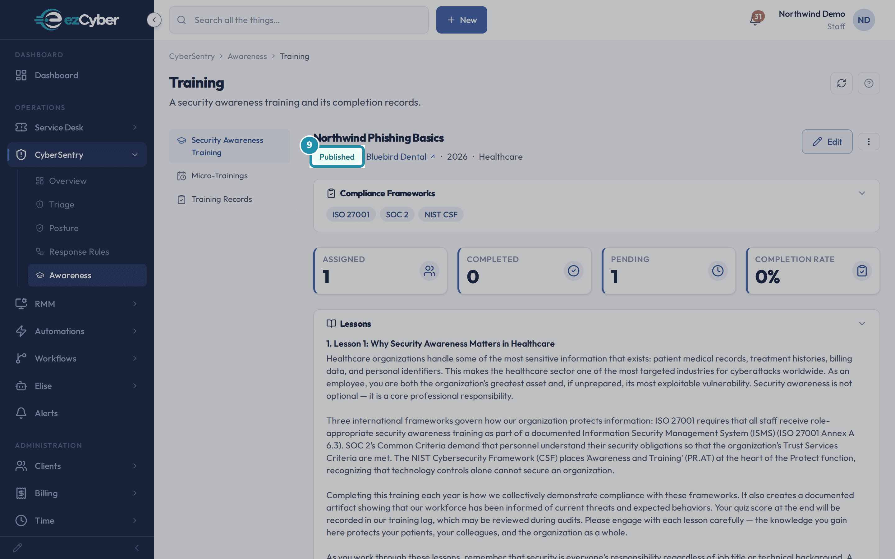 The training's status line now reading Published, boxed.
