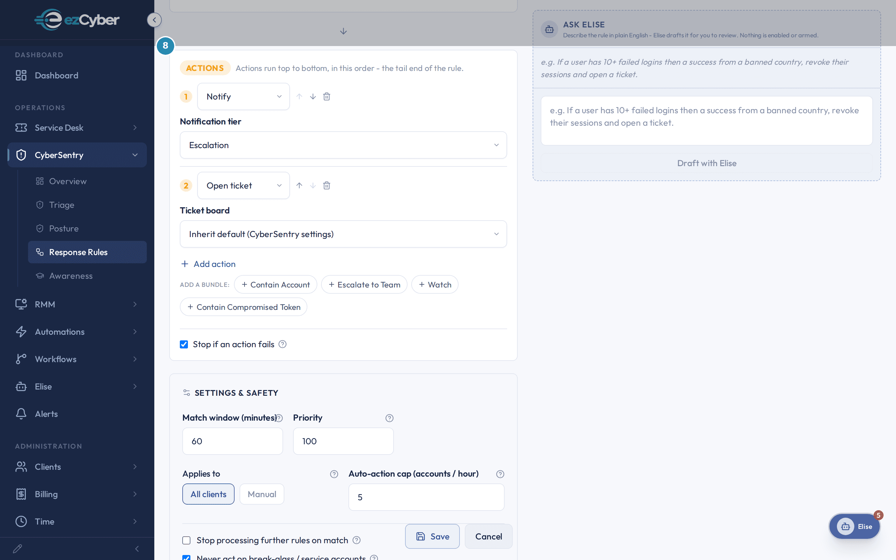 The ACTIONS card with two actions in order: Notify (Notification tier Escalation) and Open ticket (Ticket board Inherit default (CyberSentry settings)).