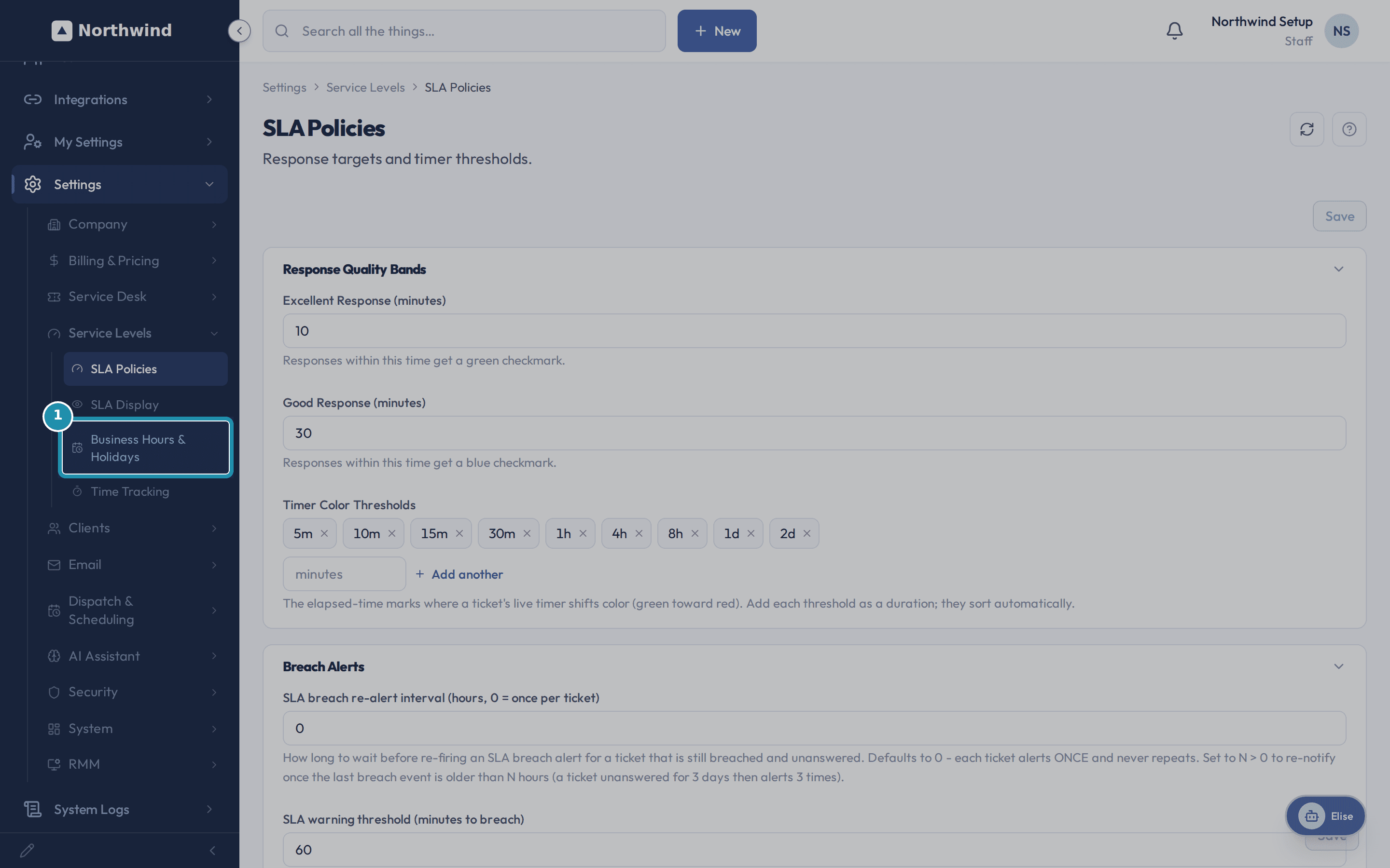 The Settings > Service Levels sidebar group with Business Hours & Holidays highlighted, SLA Policies open behind it.