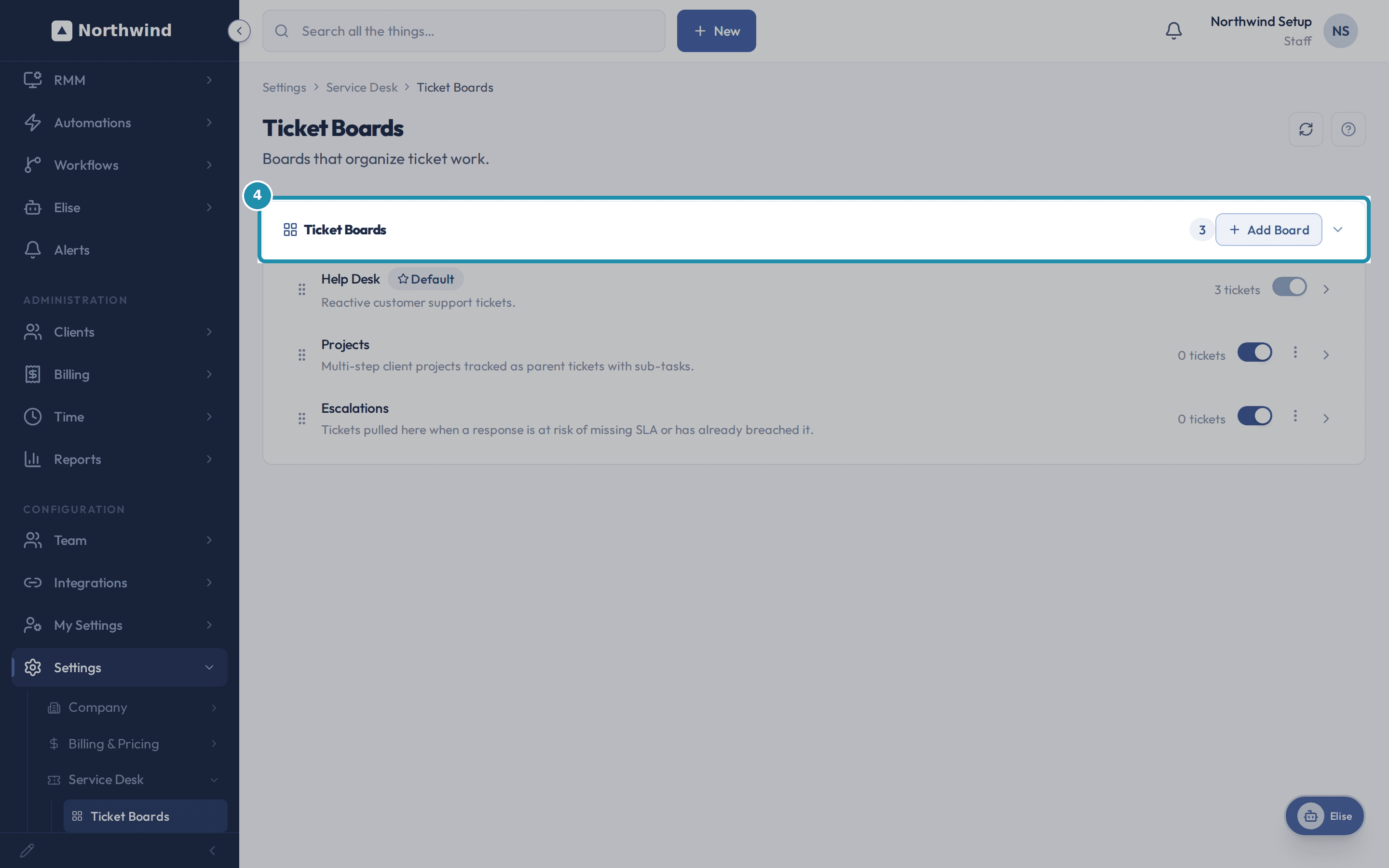 The Ticket Boards settings card listing Help Desk (Default), Projects, and Escalations.