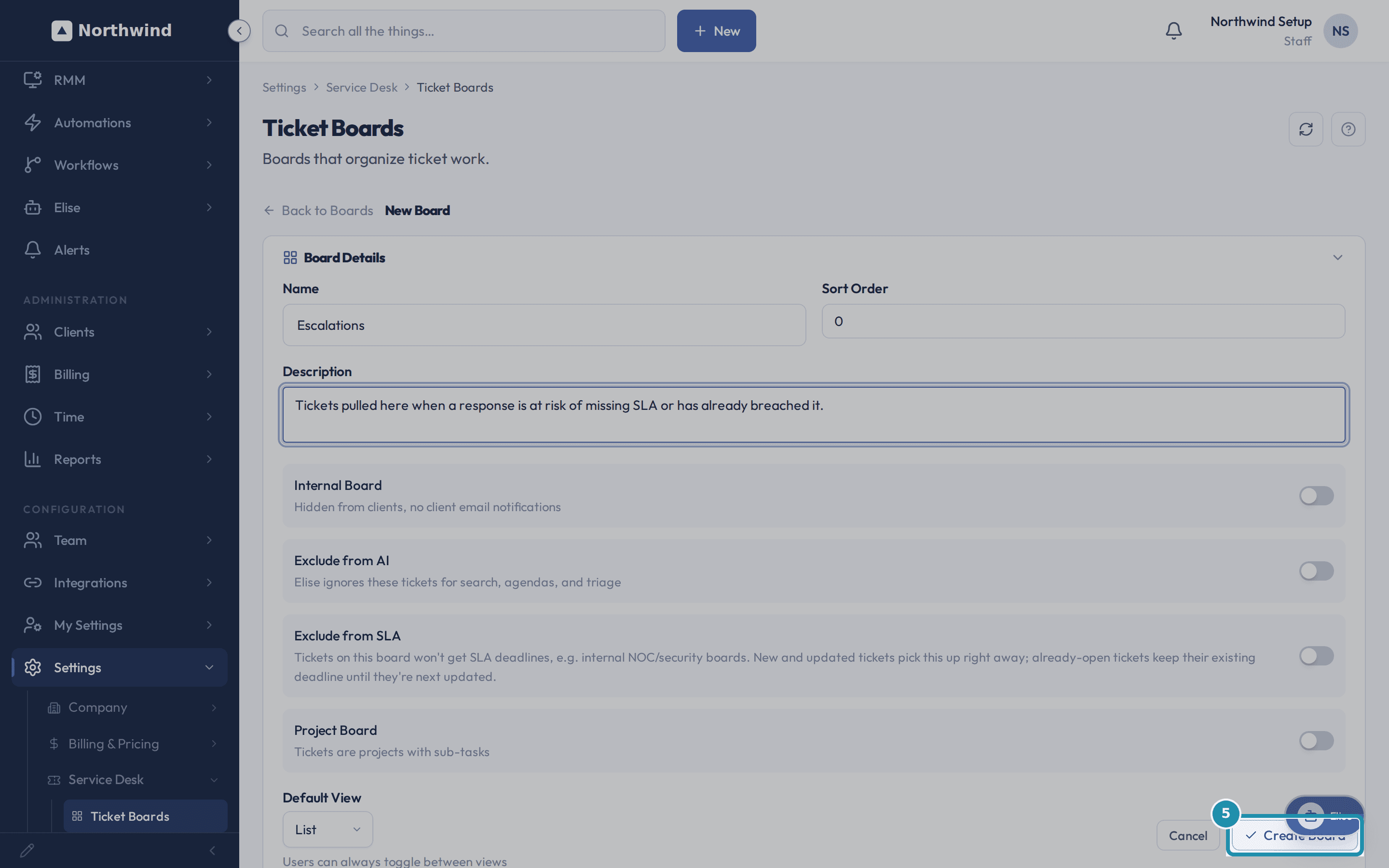 The New Board form filled in for Escalations, with the Create Board button highlighted.