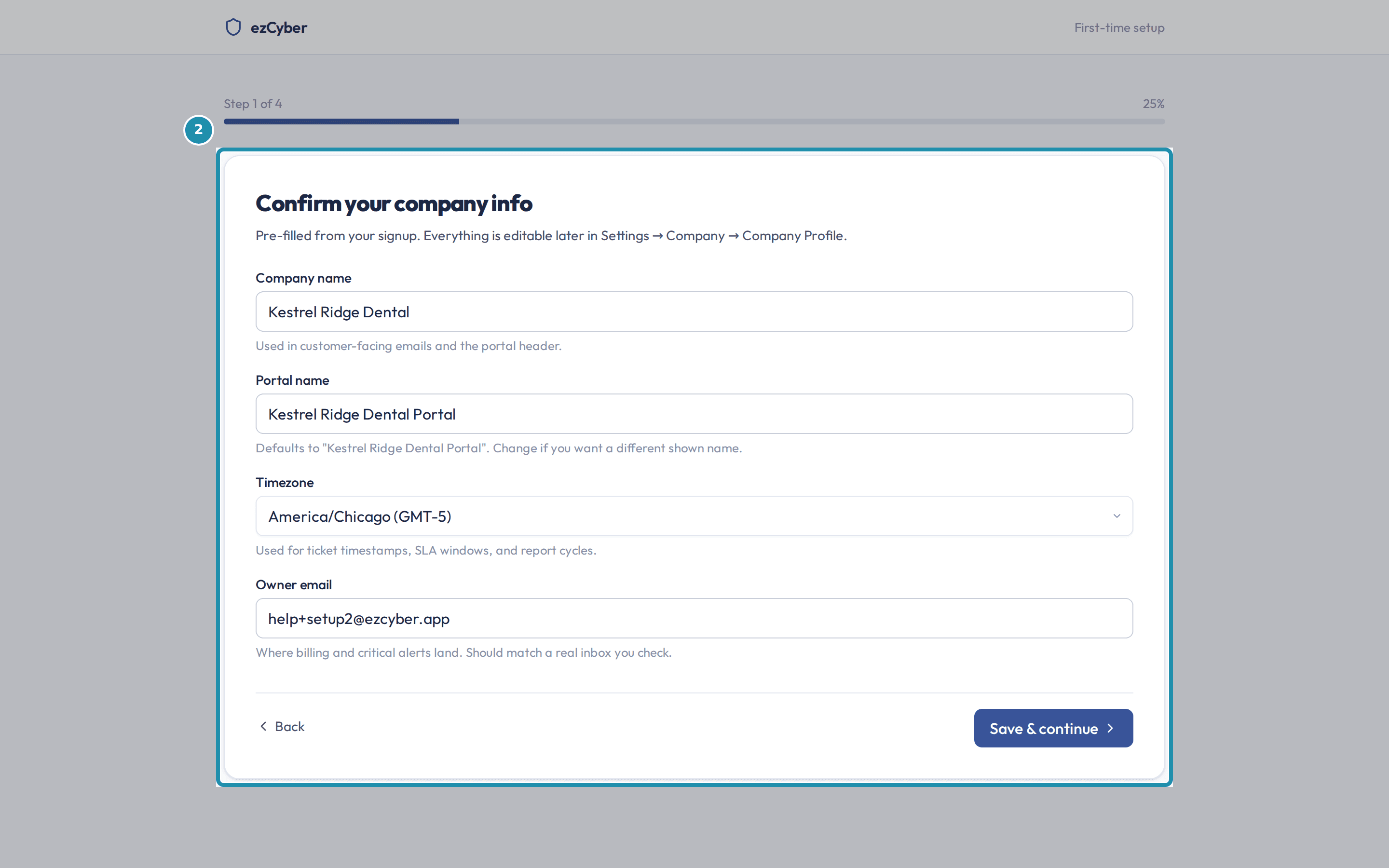 The company info step with Company name, Portal name, Timezone, and Owner email fields, and Save & continue below.