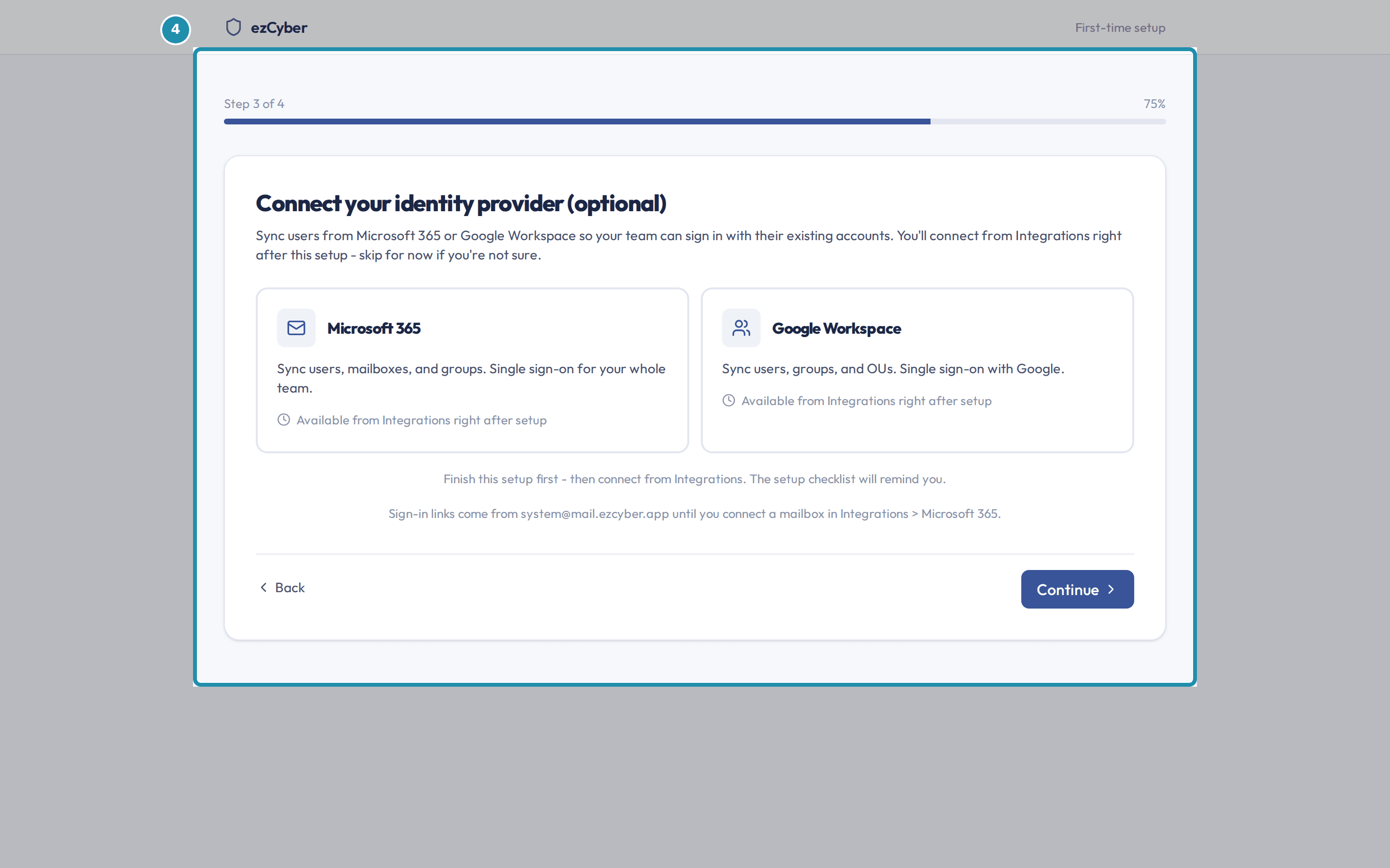 The identity provider preview step showing Microsoft 365 and Google Workspace cards, both marked available after setup.