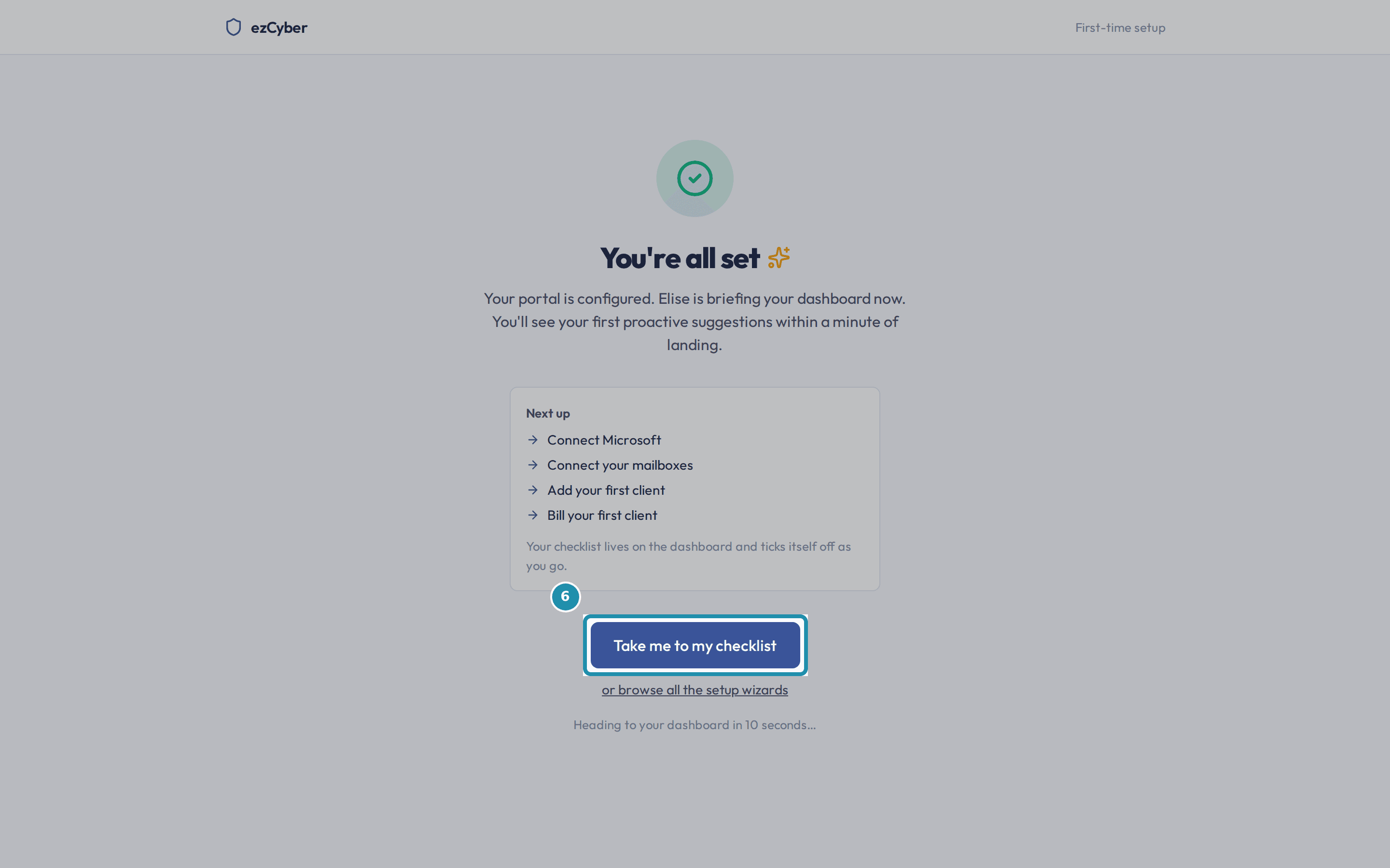The completion screen reading "You're all set", with a Next up list and a "Take me to my checklist" button.