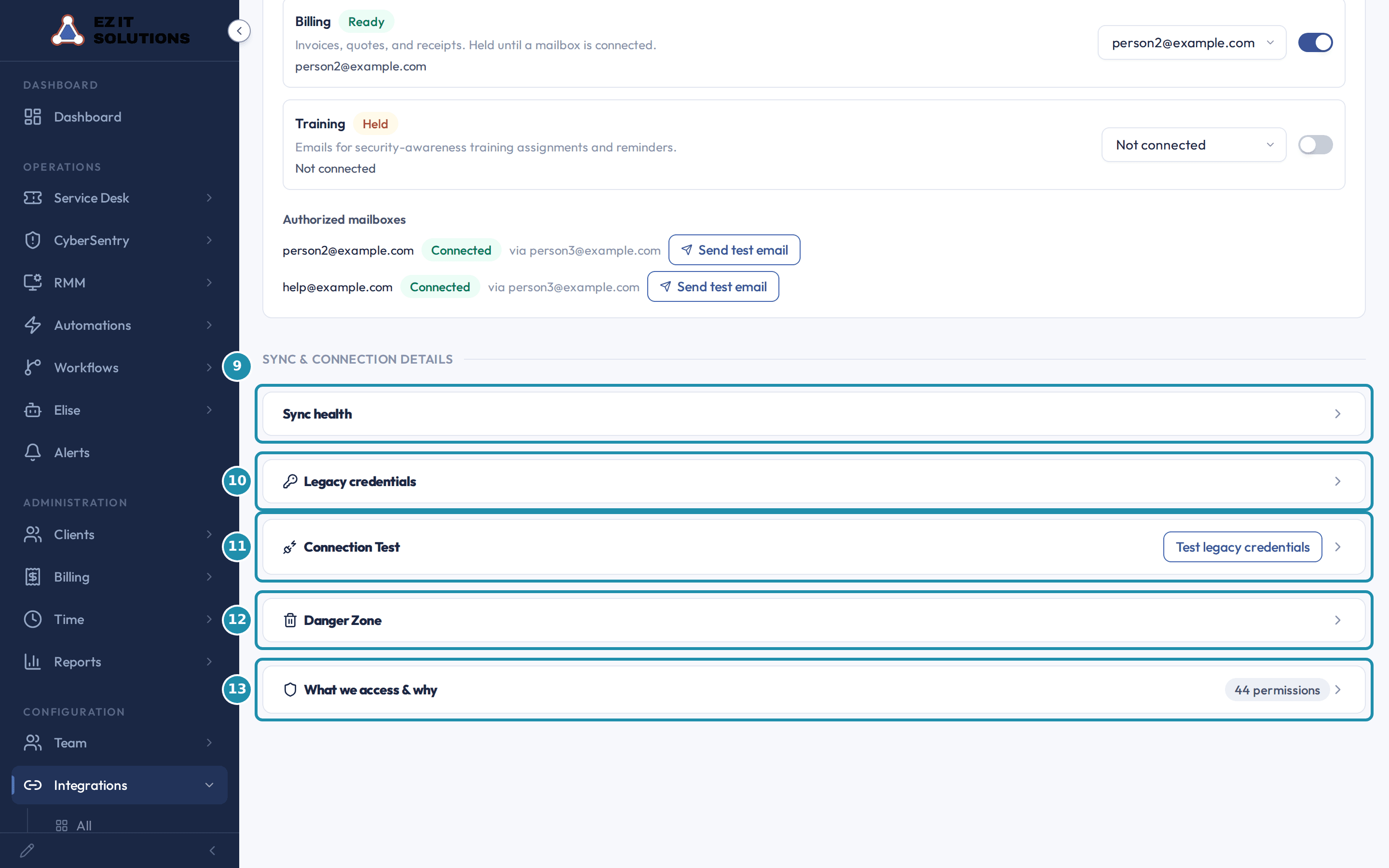 The bottom of the page with numbered badges on five closed cards: Sync health, Legacy credentials, Connection Test, Danger Zone, and What we access and why.