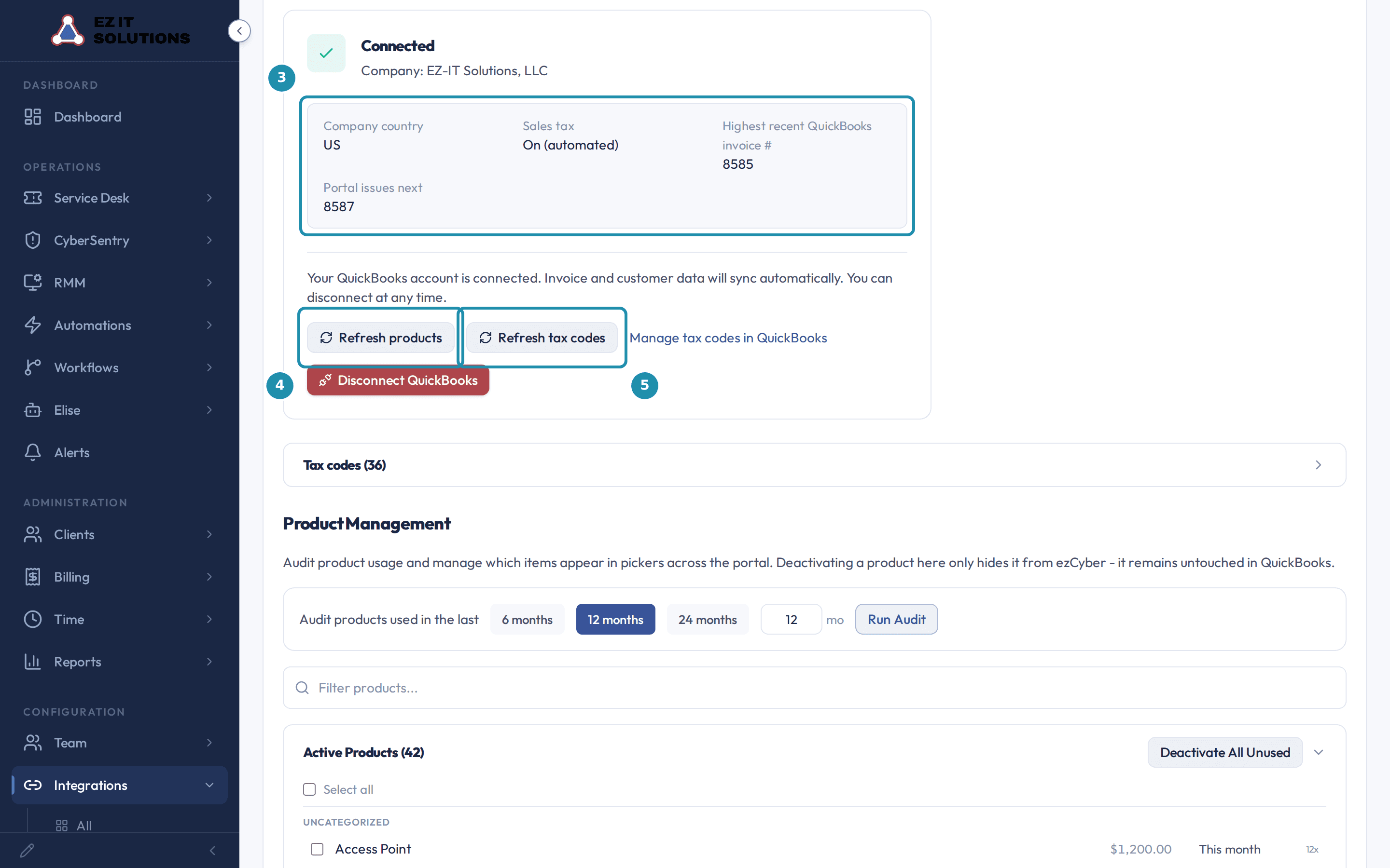The connected QuickBooks card with numbered badges on the company file facts, the Refresh products button and the Refresh tax codes button.