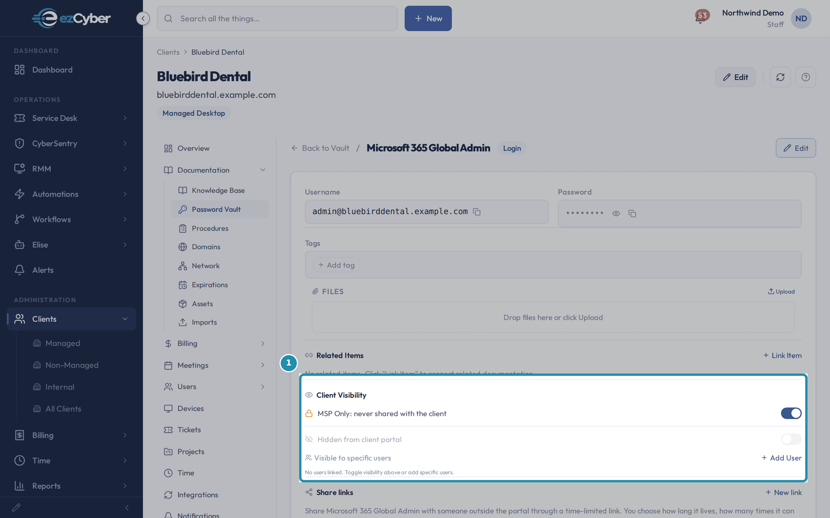 The Client Visibility panel on Microsoft 365 Global Admin with MSP Only turned on and the sharing toggle greyed out underneath it.