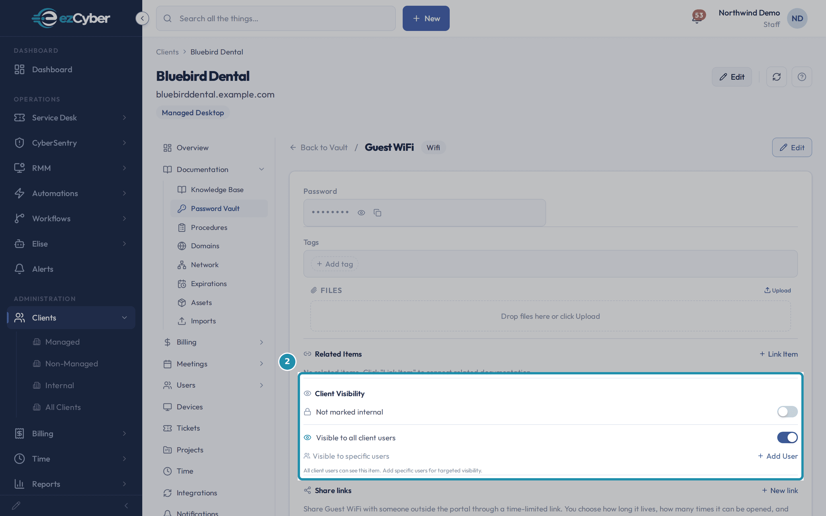 The Client Visibility panel on Guest WiFi with Visible to all client users turned on and its green eye icon.