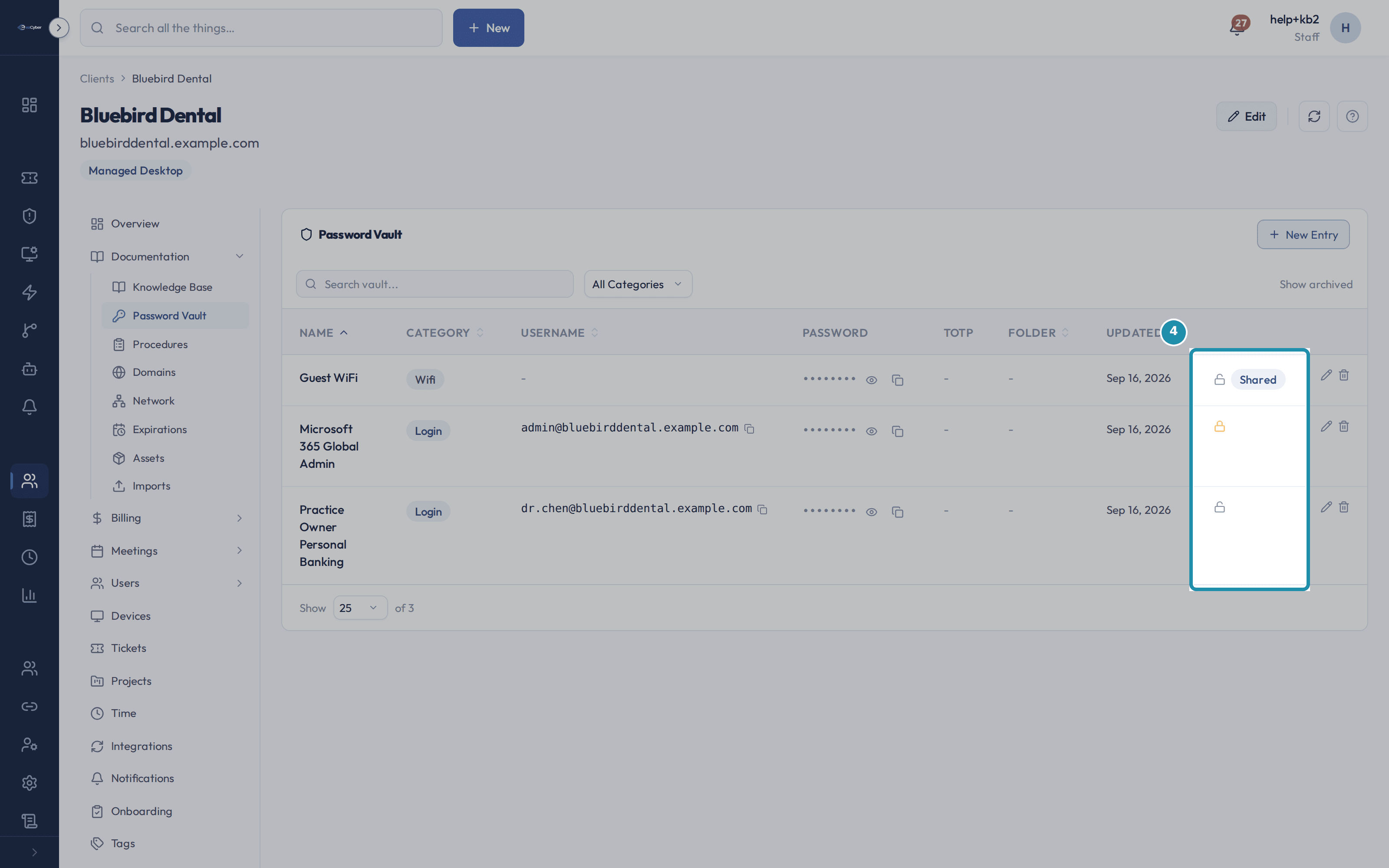 The Password Vault list for Bluebird Dental, in its by-name order, with an open lock and a Shared chip on Guest WiFi, an amber lock on Microsoft 365 Global Admin, and a plain open lock on Practice Owner Personal Banking.