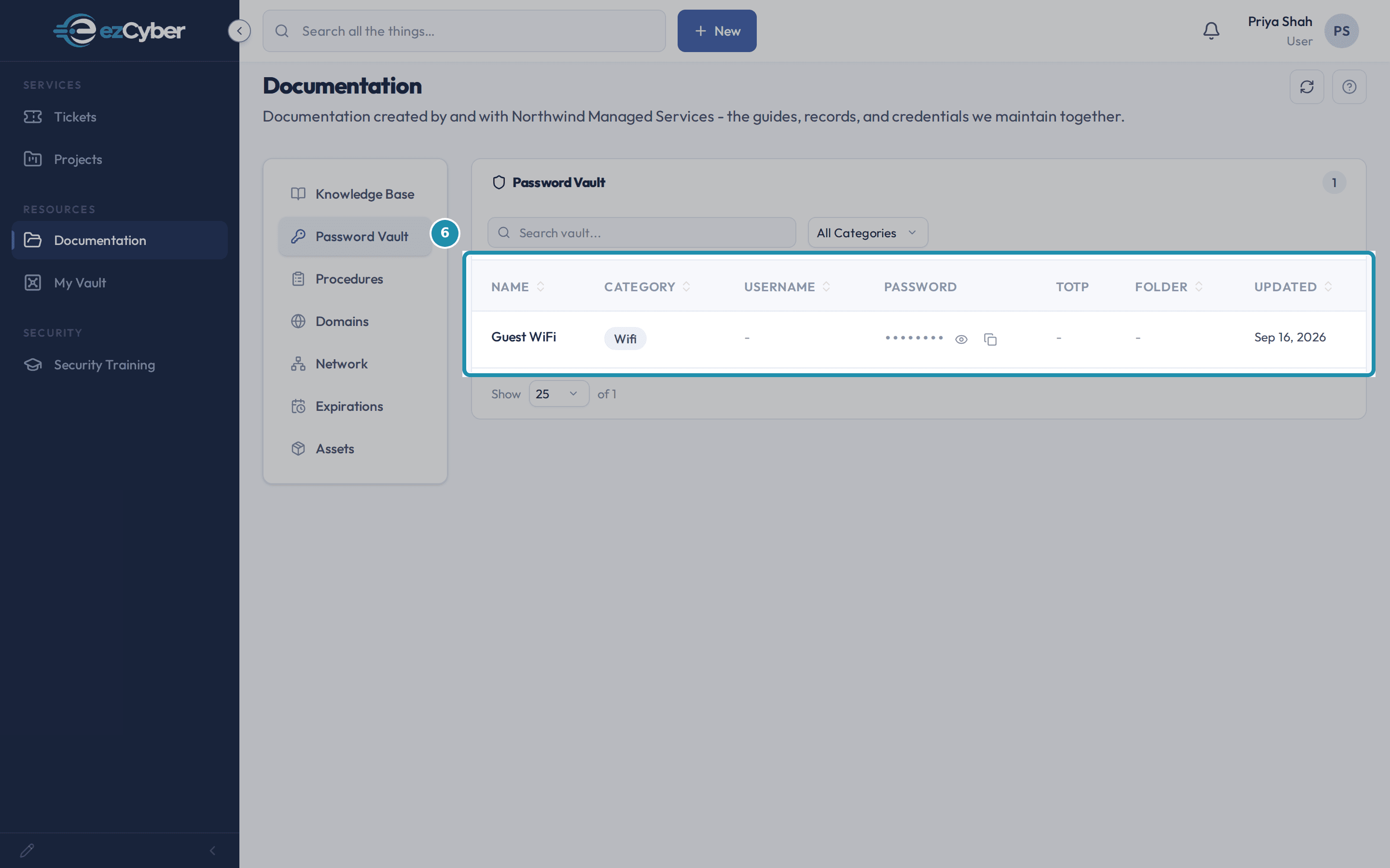 The client portal's Password Vault showing only the Guest WiFi entry.