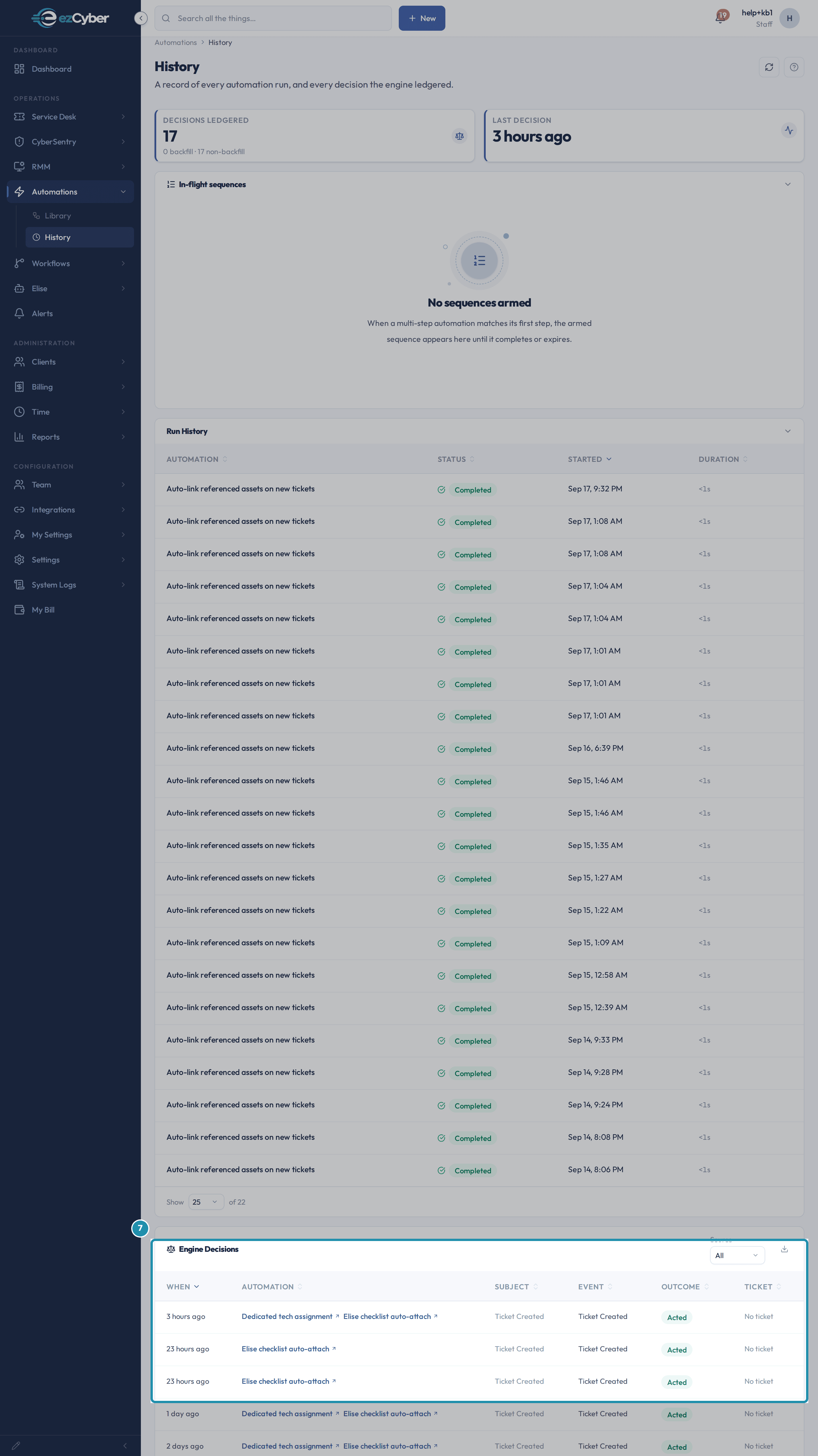 The Automations History page showing In-flight sequences with no sequences armed, the Run History table, and the Engine Decisions ledger highlighted with its When, Automation, Subject, Event, Outcome and Ticket columns.