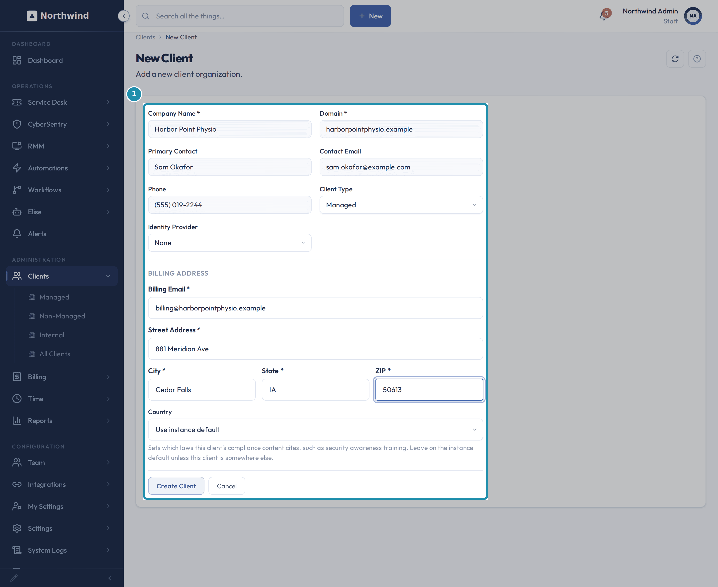 The New Client form filled in for Harbor Point Physio, with Client Type set to Managed, Identity Provider set to None, and the billing address filled in.