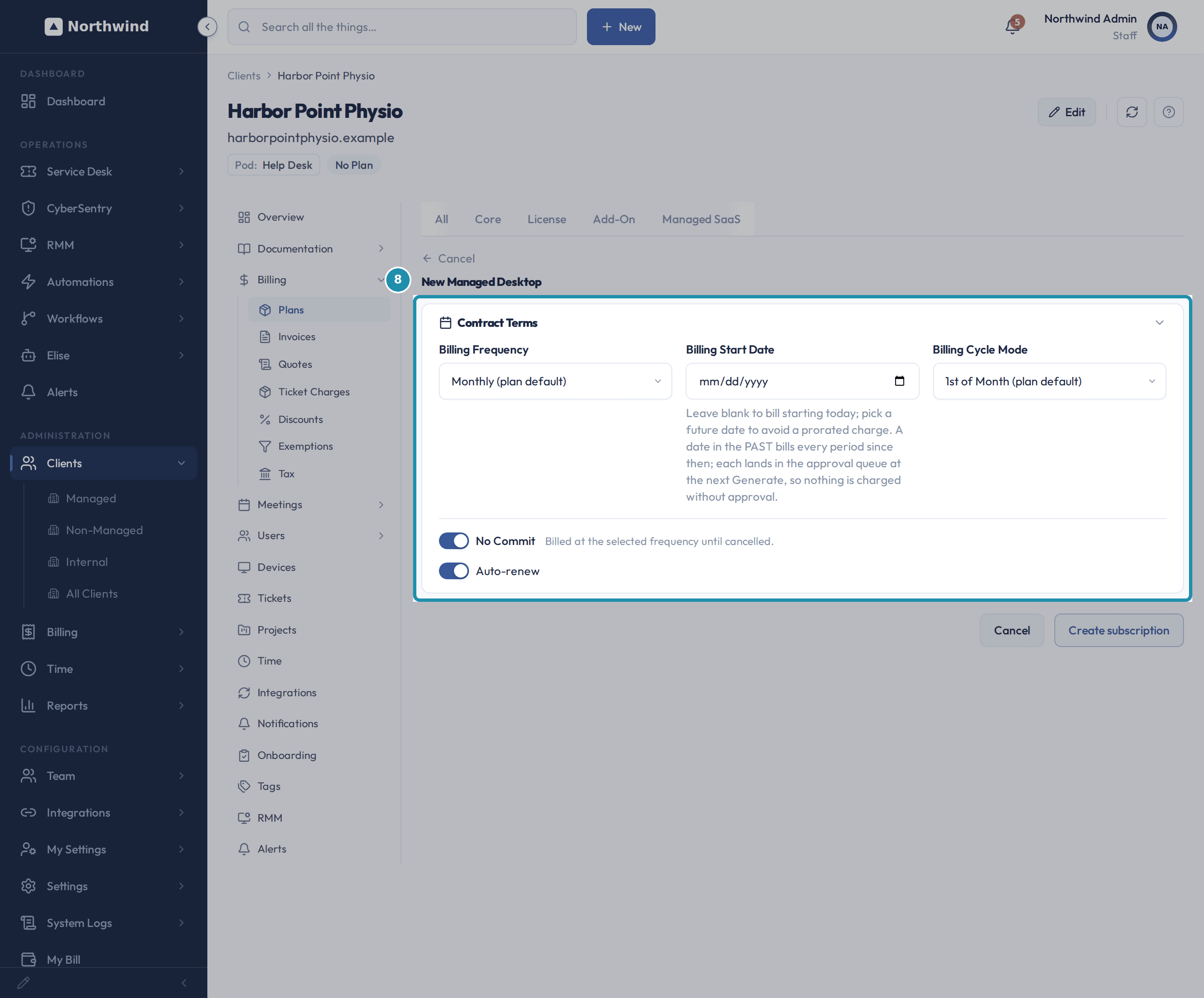 The New Managed Desktop subscription's Contract Terms card, Billing Start Date left blank, with the helper text about blank, future, and past dates underneath.