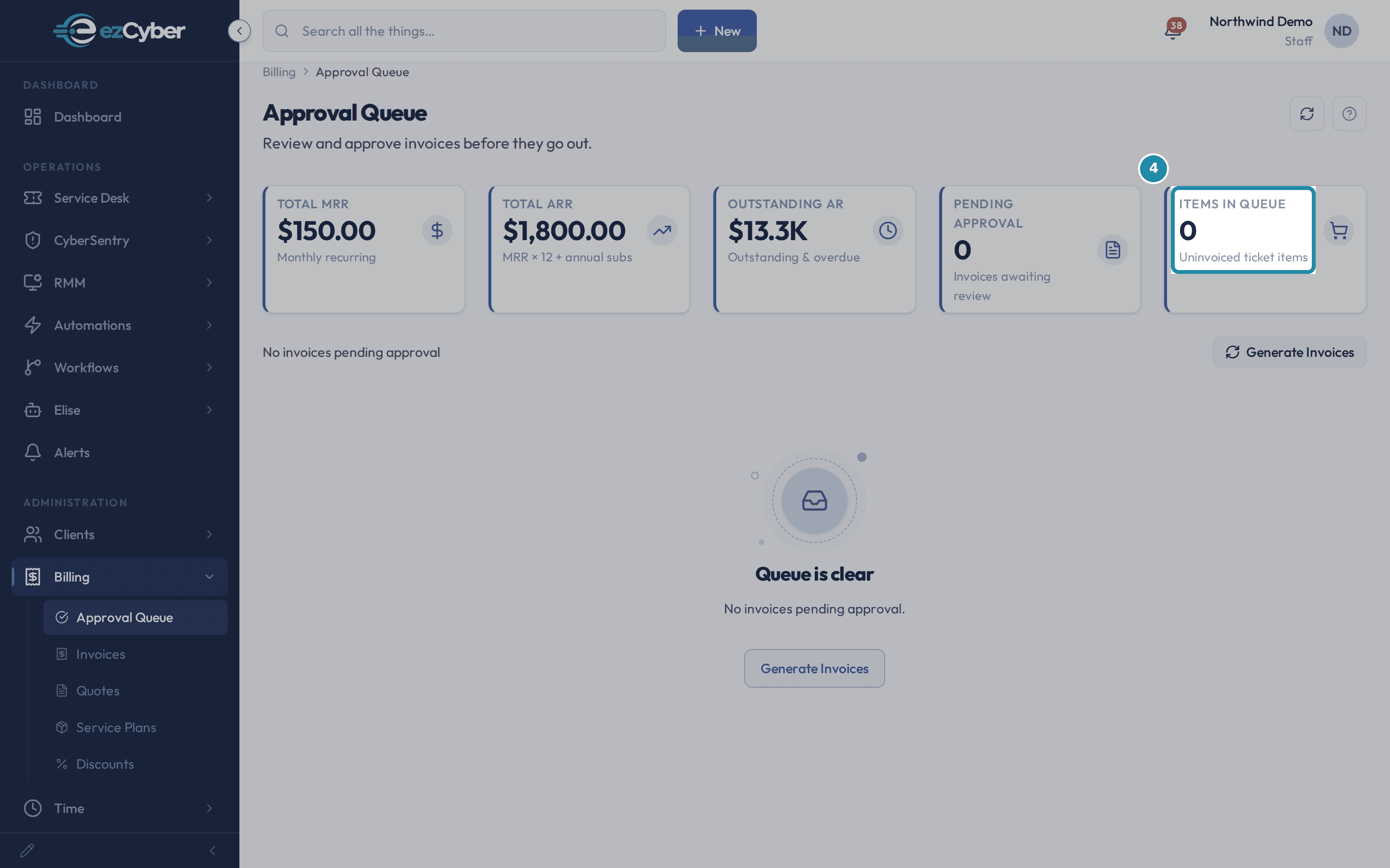 The Approval Queue's Items in Queue stat card still reading 0 right after marking one minute billable.