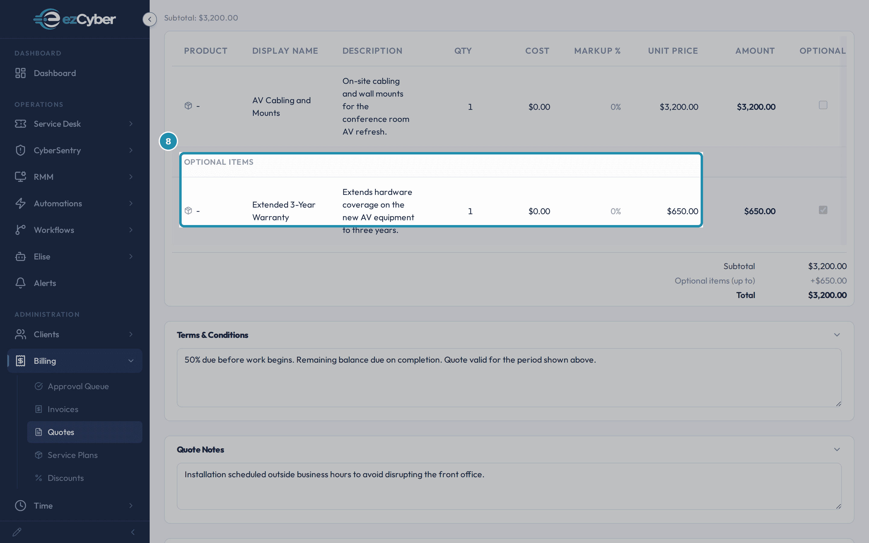 A plain quote's Optional Items section with an OPTIONAL tick-box column, a different door from a comparison group.